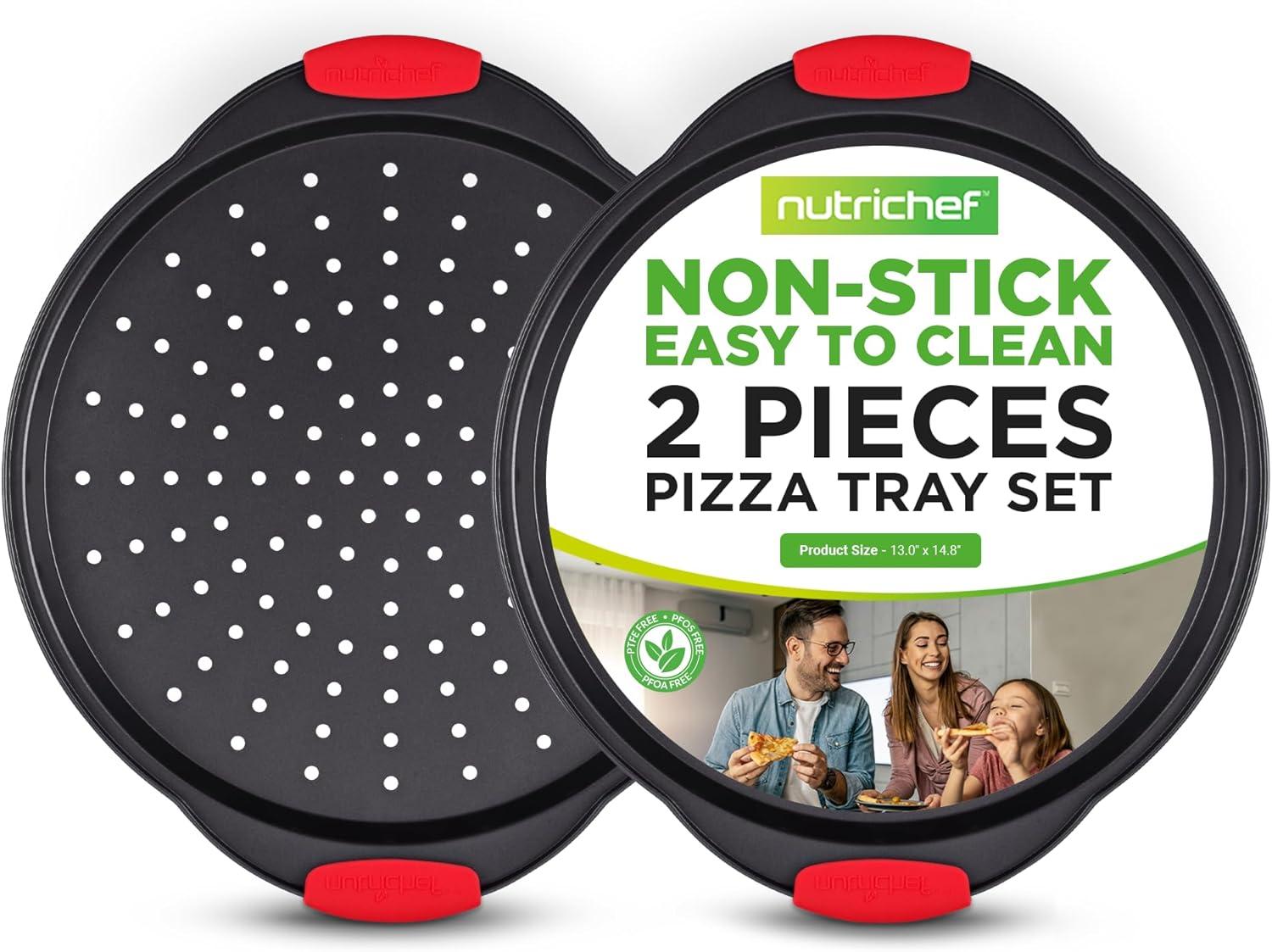 NutriChef Non-Stick Pizza Tray - with Silicone Handle, Round Steel Non-stick Pan with Perforated Holes, Premium Bakeware, Pizza Tray