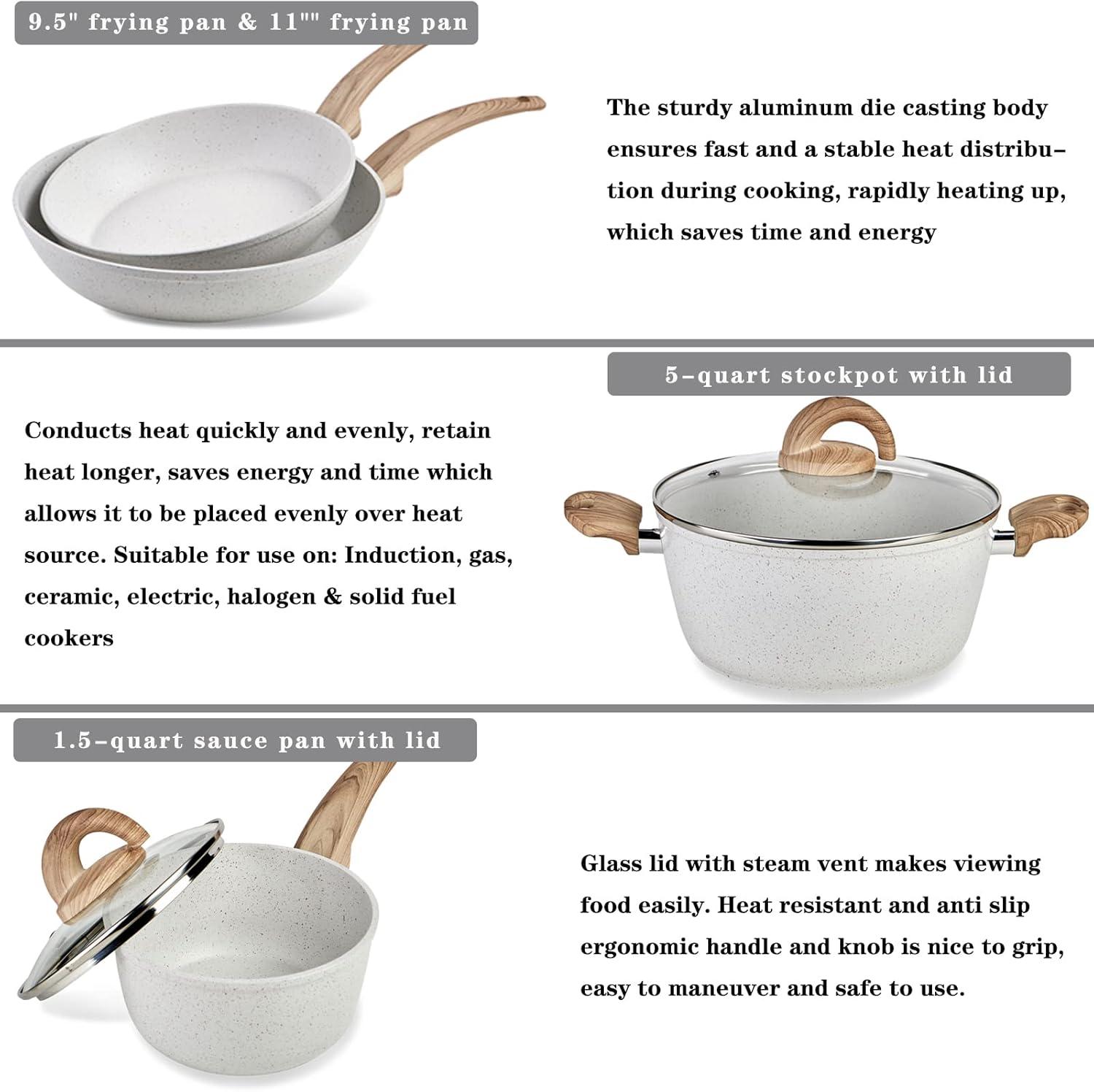 White Ceramic Non-Stick Cookware Set with Wood Handles