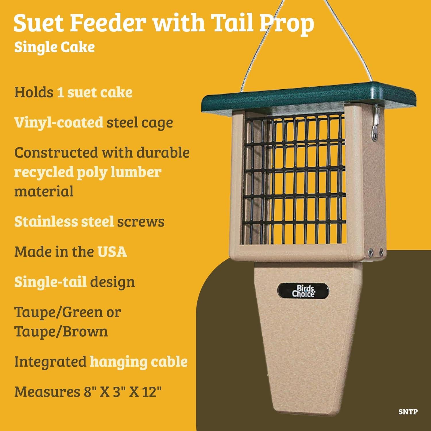 Birds Choice Birds Choice 12" Recycled Single Cake Tail Prop Suet Feeder, Taupe/Green