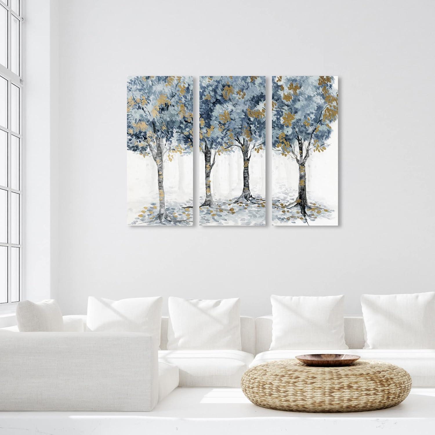 Blue and Gold Floral Landscape 3-Panel Canvas Wall Art