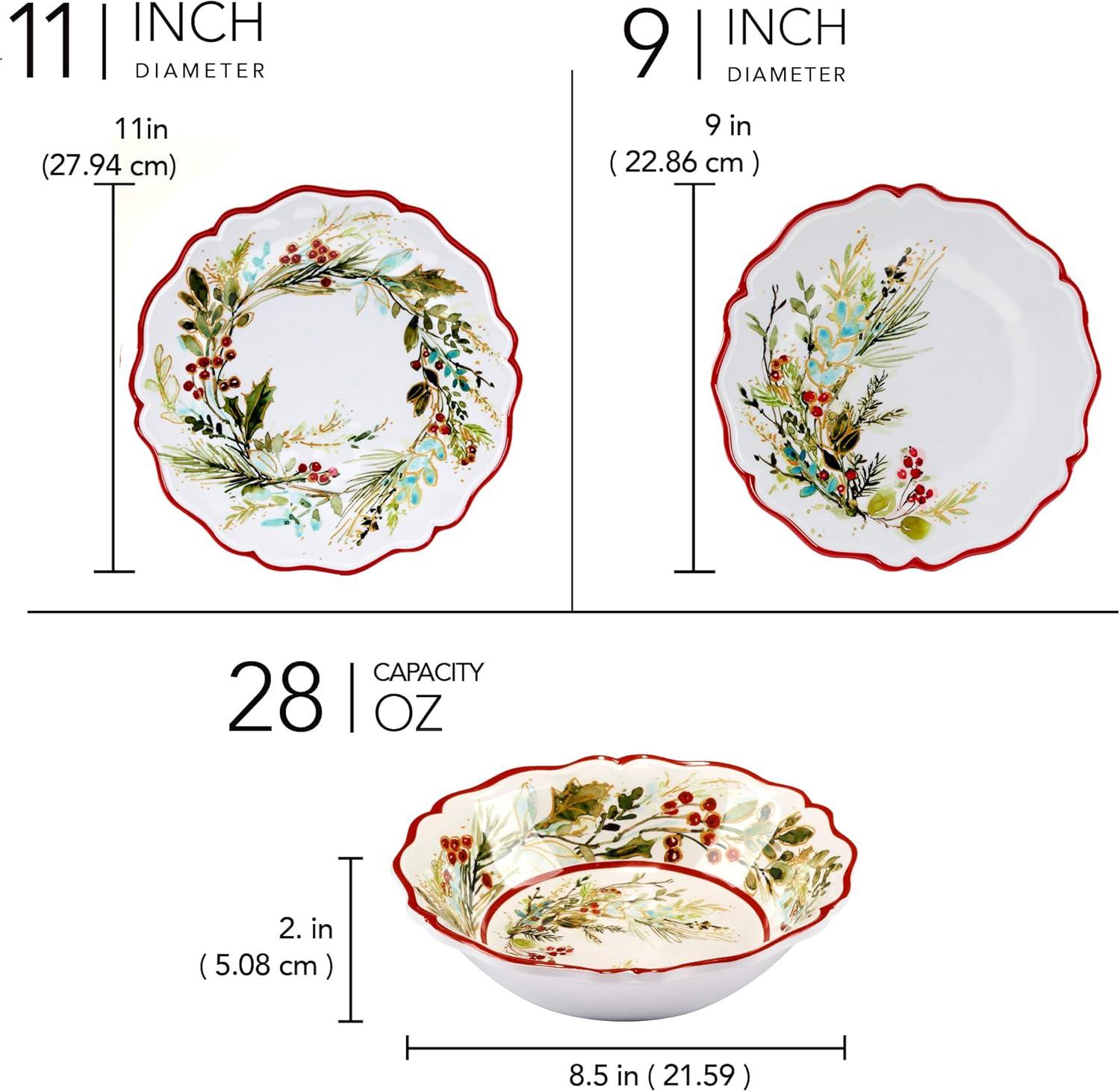 Christmas Gatherings 12pc Melamine Dware Set 4-Dinner Plate 11" 4-Salad Plate 9" 4-Bowl 8.5" x 2"