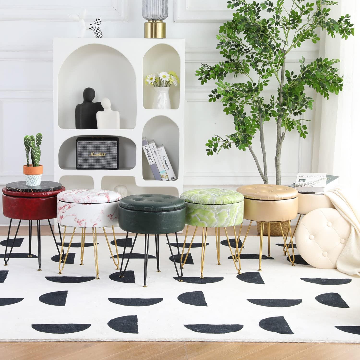 Cpintltr Storage Ottoman Oil Wax Faux Leather Round Footrest Stool Multifunctional Upholstered Ottoman with Metal Legs Modern Vanity Stools Tray Top Coffee Table for Living Room Bedroom White