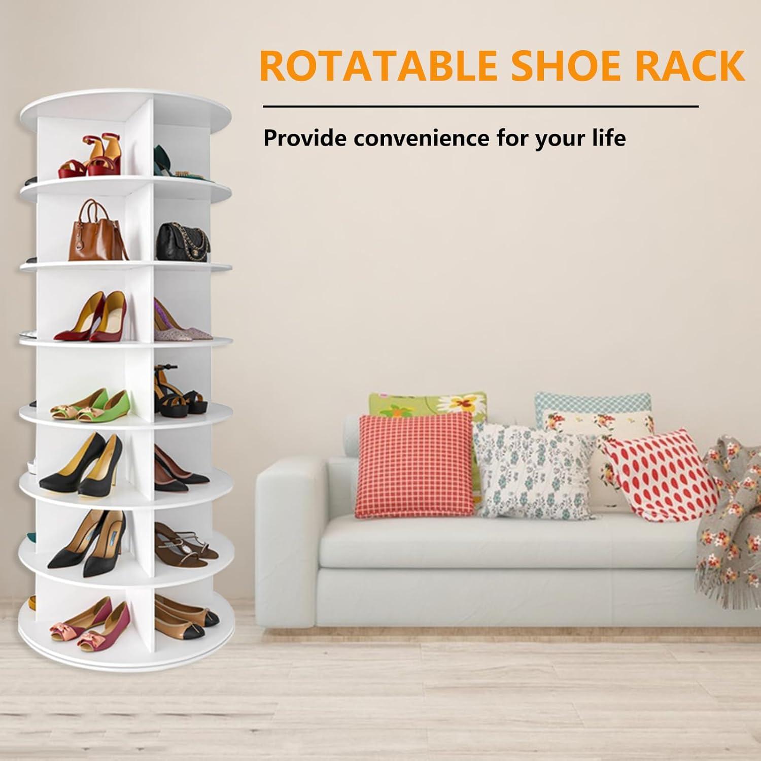 7 Tier Rotating Shoe Rack Tower, Revolving Shoe Rack Storage, Round Carousel Vertical Handbag and Shoe Organizer ,White-SpaceAid®