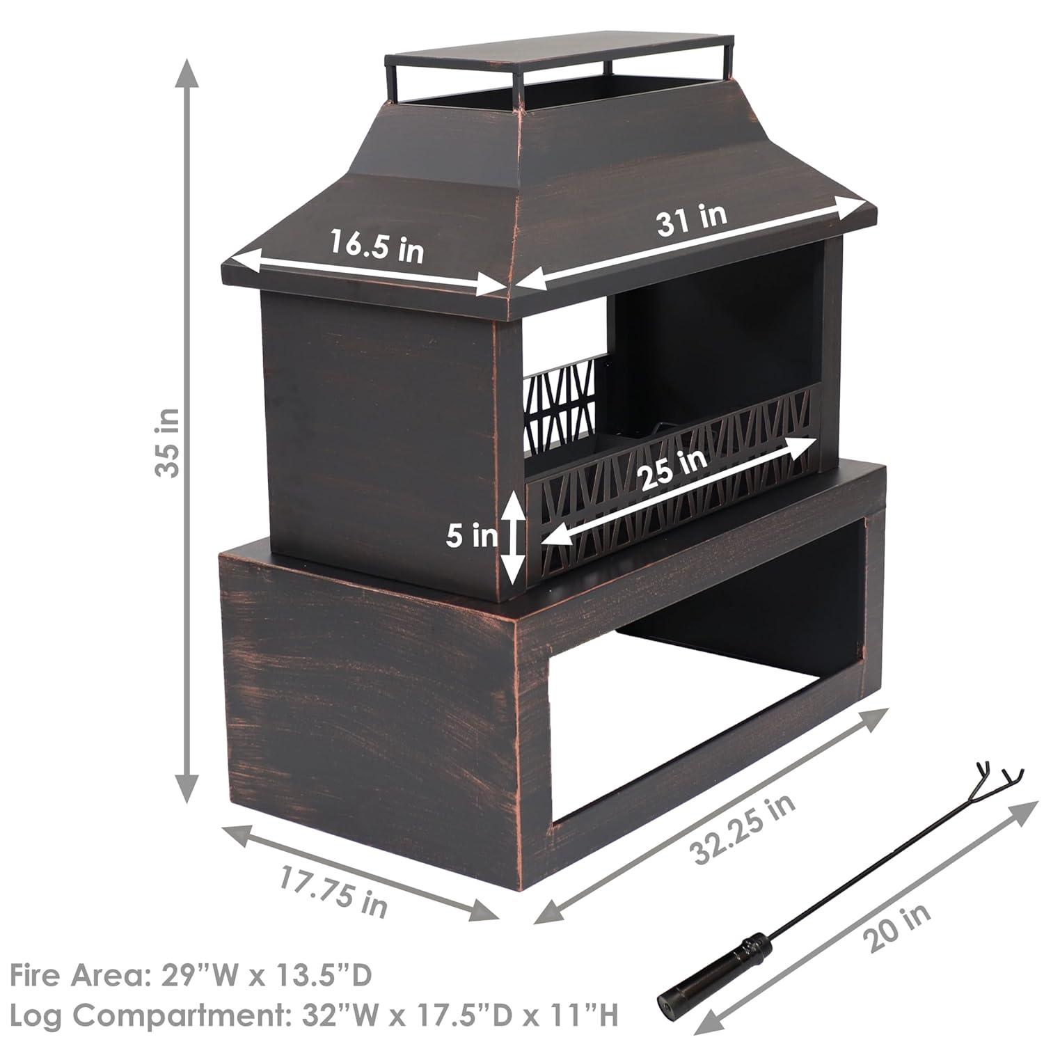 Lark Manor™ Courter 29" Rectangle Bronze Finish Steel Outdoor Fireplace with Log Storage