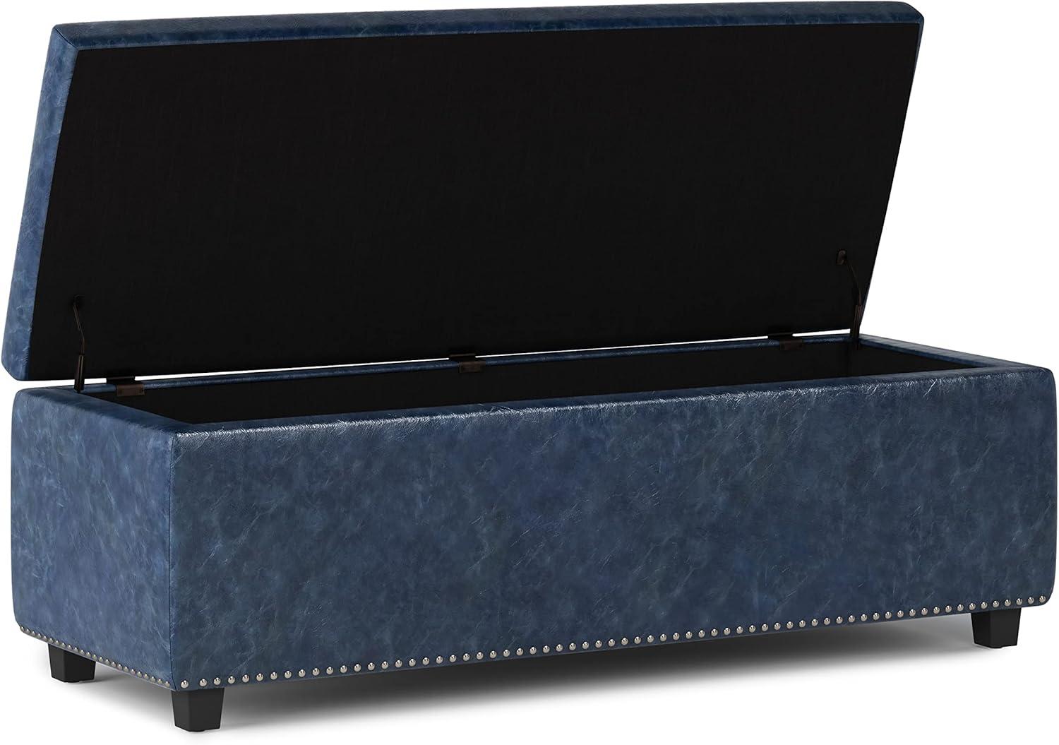 Hamilton 48 inch Wide Traditional Rectangle Storage Ottoman in Denim Blue Faux Leather