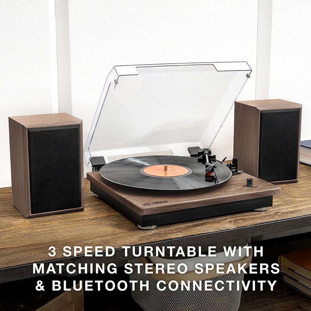 Victrola Montauk Bluetooth Turntable System with Bookshelf Speakers (Farmhouse Walnut)