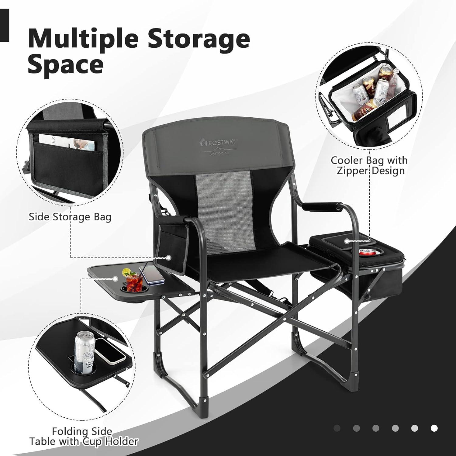 Topcobe Folding Camping Directors Chair with Cooler Bag and Side Table, Portable Chairs for Adults, Comfy Outdoor Chair, Black