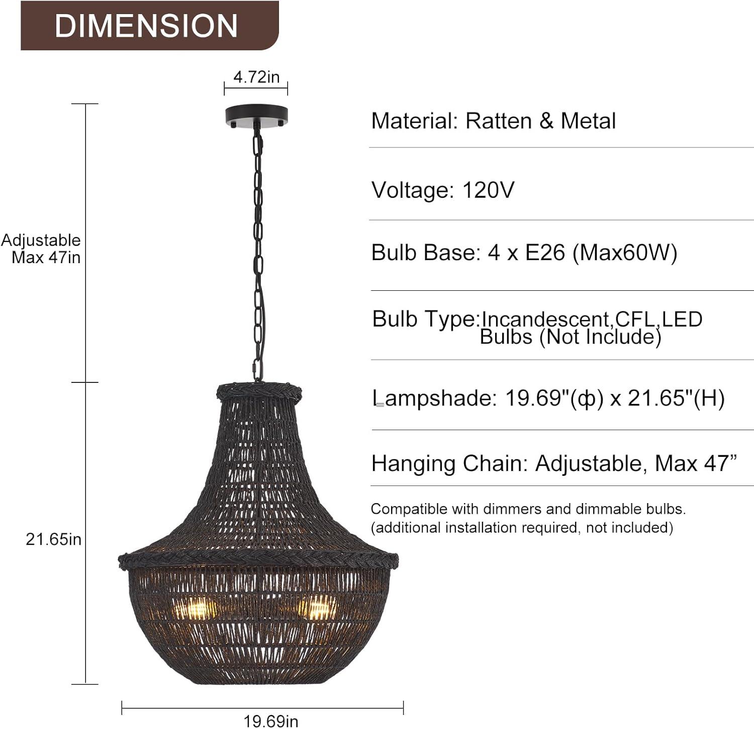 19.69" Boho Black Rattan Chandelier Vintage 4-Lights Farmhouse Hand-Woven Bamboo Basket Chandelier Light Fixture Rustic Wicker Rattan Chandeliers for Dining Room, Kitchen, Living Room