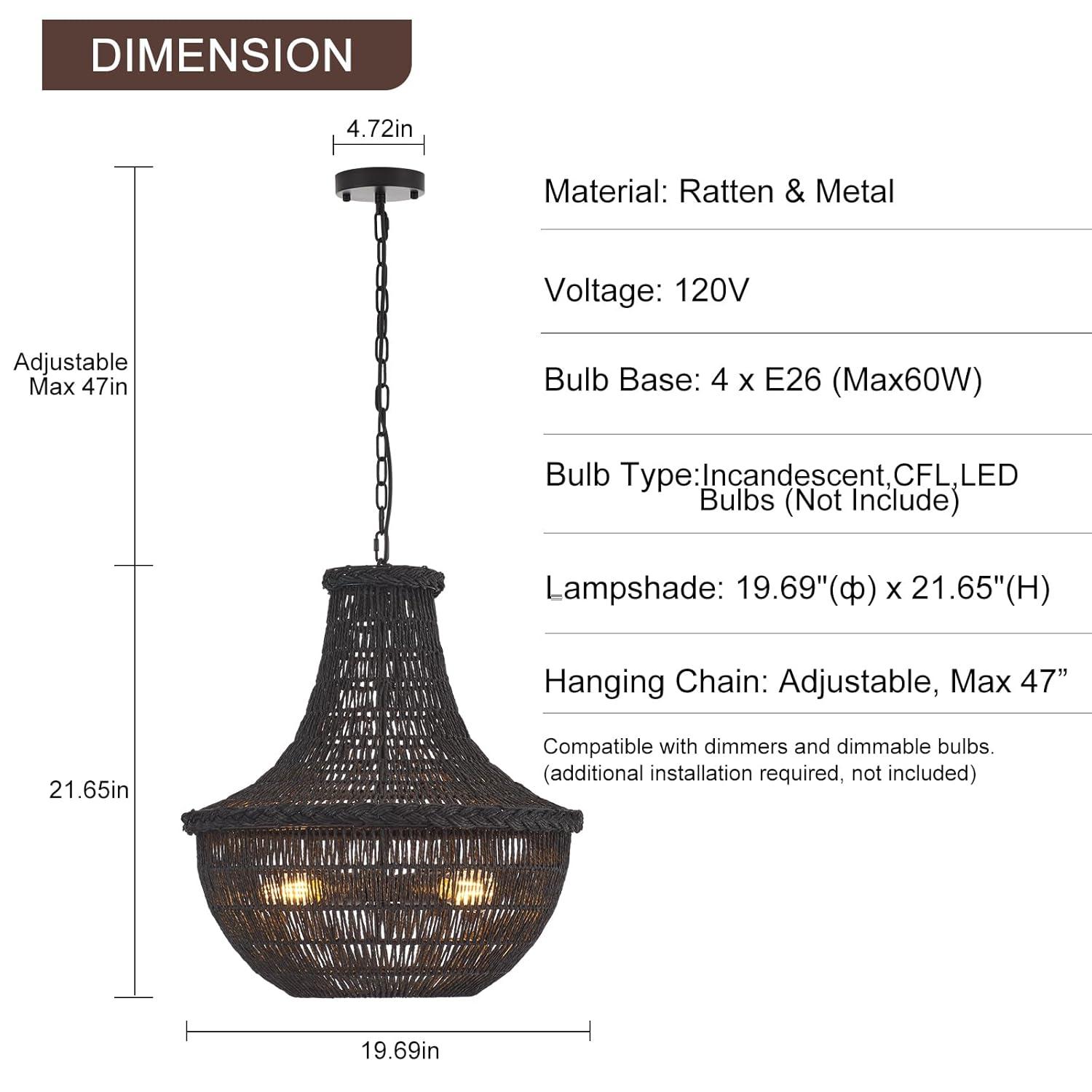 19.69" Boho Black Rattan Chandelier Vintage 4-Lights Farmhouse Hand-Woven Bamboo Basket Chandelier Light Fixture Rustic Wicker Rattan Chandeliers for Dining Room, Kitchen, Living Room