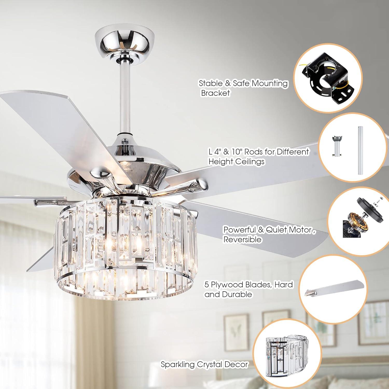 Parrot Uncle 52" Modern Black Crystal Ceiling Fan with Light and Remote