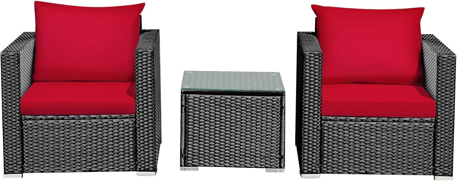 Costway 3PCS Patio Rattan Wicker Furniture Set Sofa Table W/Cushion Yard Red