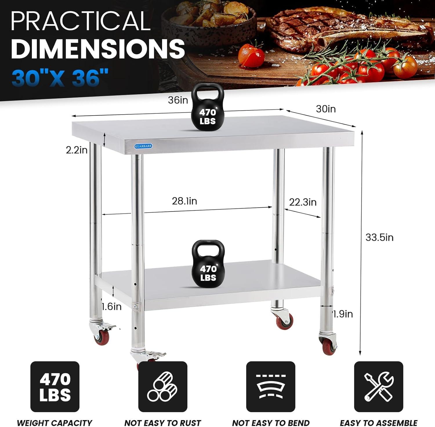 36-Inch Stainless Steel Kitchen Prep Table with Undershelf and Casters