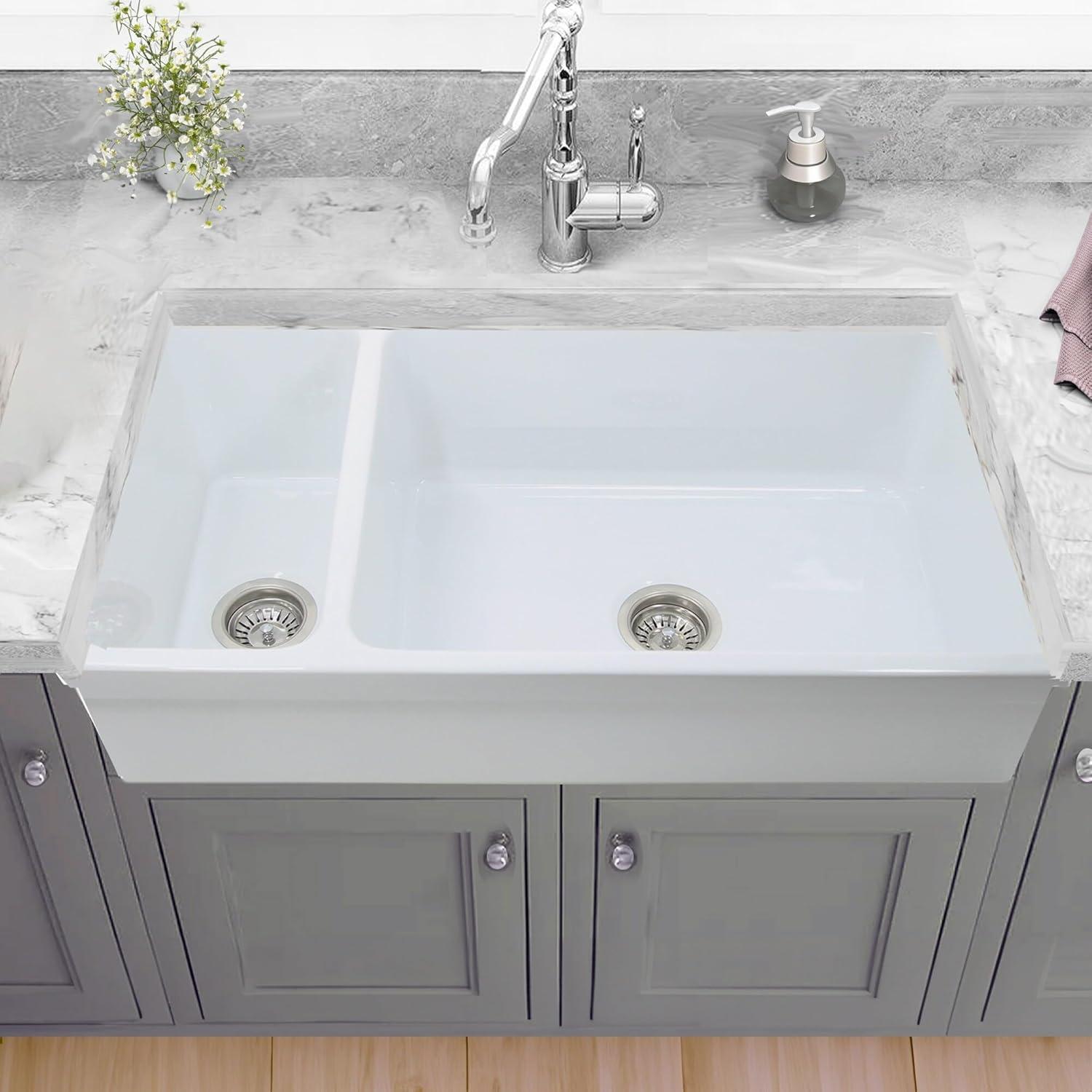 White Fireclay Reversible Double Bowl Farmhouse Sink