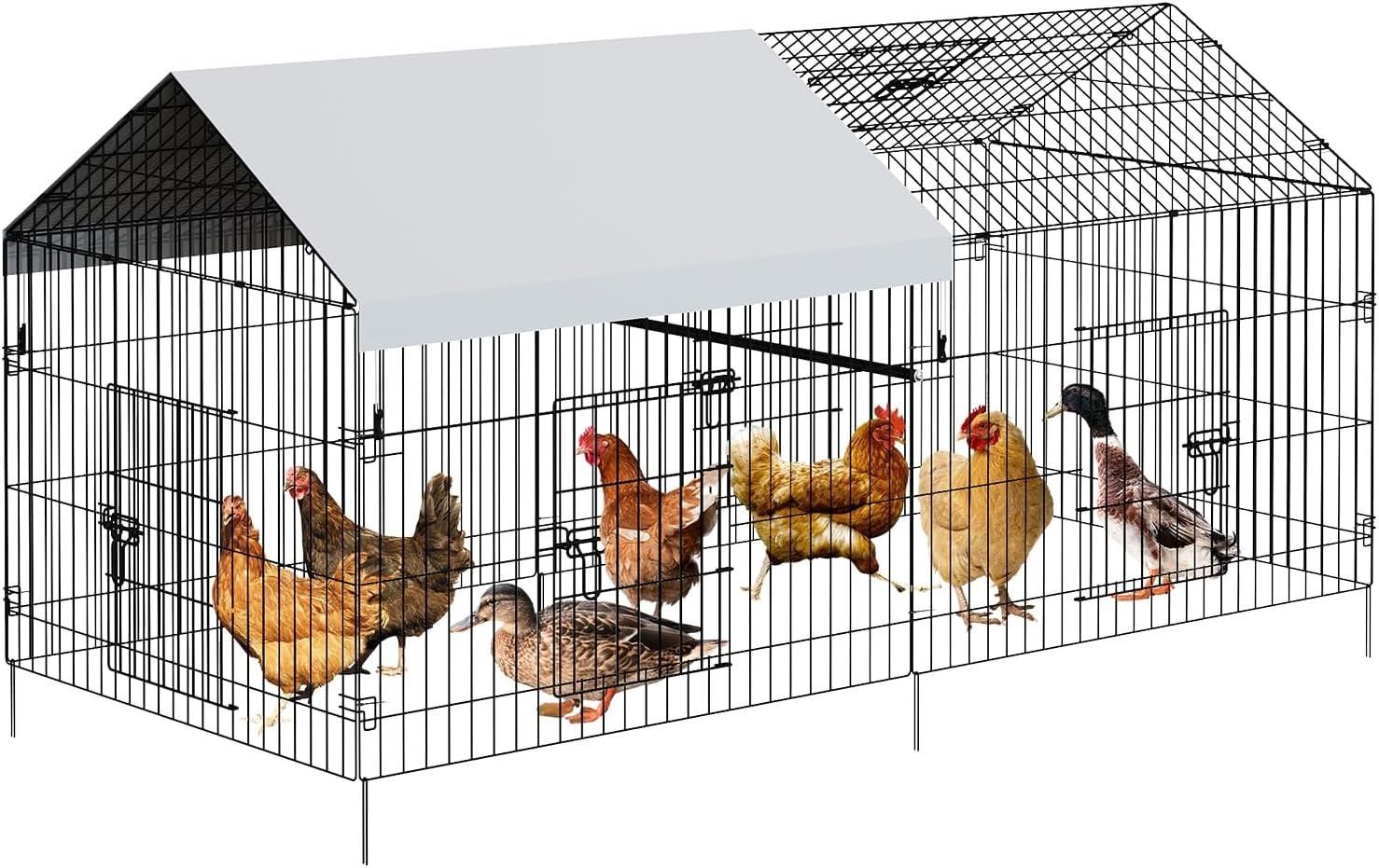 Metal Chicken Coop, 86 x 40 x 40 Inch Chicken Run for Yard with Waterproof Cover, Outdoor Portable Chicken Pen with 4 Doors, 1 Window, Chicken House for Small Animals Duck, Rabbit, Hen