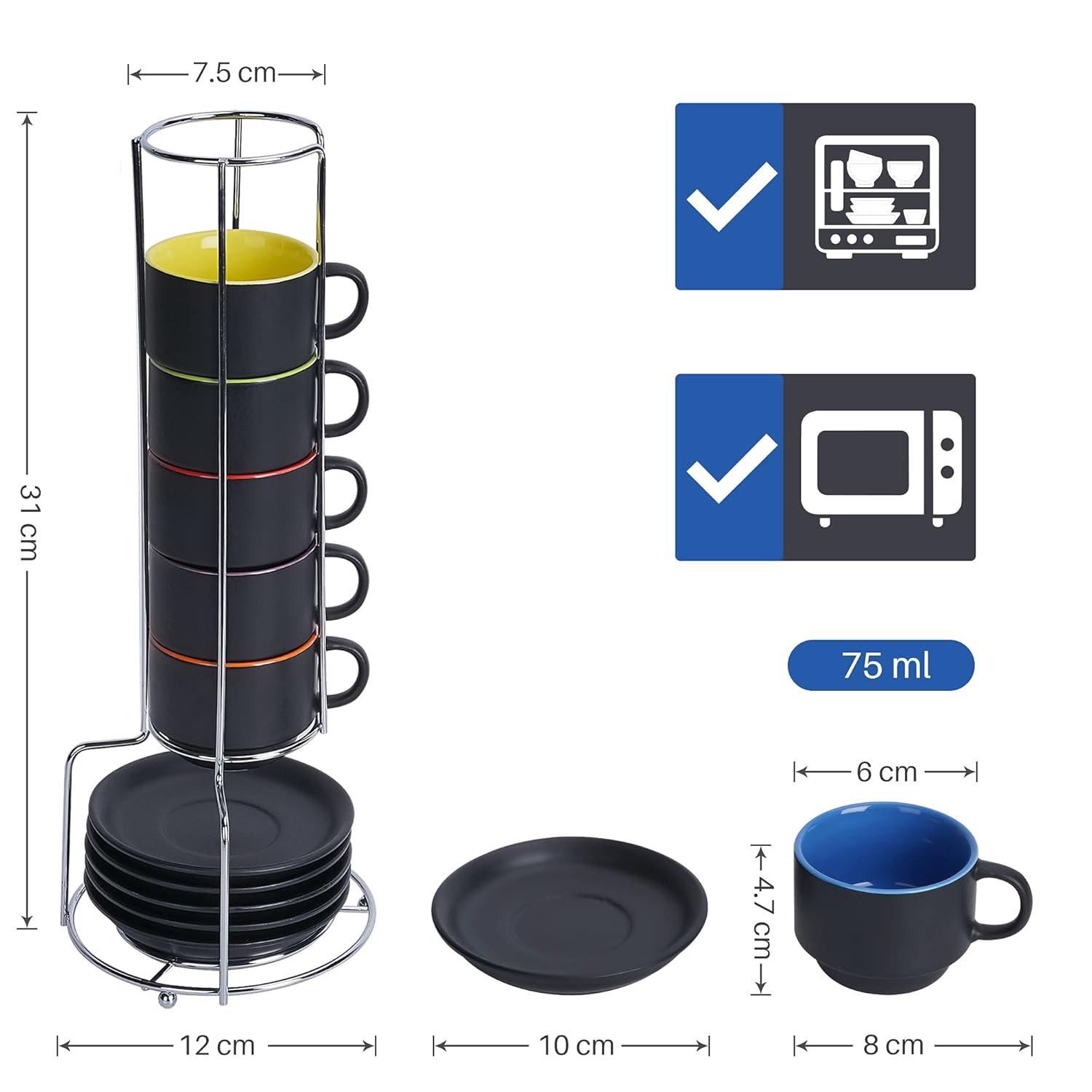 MIAMIO - 2.5 oz Espresso Cup Set with Saucers Coffee Mug Set of 6 - Ceramic Coffee Mug Stackable Espresso Mug with Stand for Coffee Drinks, Latte, Cafe Mocha - Le Papillon Collection (Colorful)