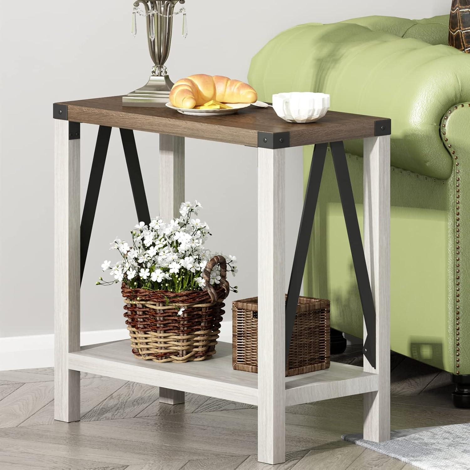 White and Brown Farmhouse Rectangular End Table with Storage Shelf