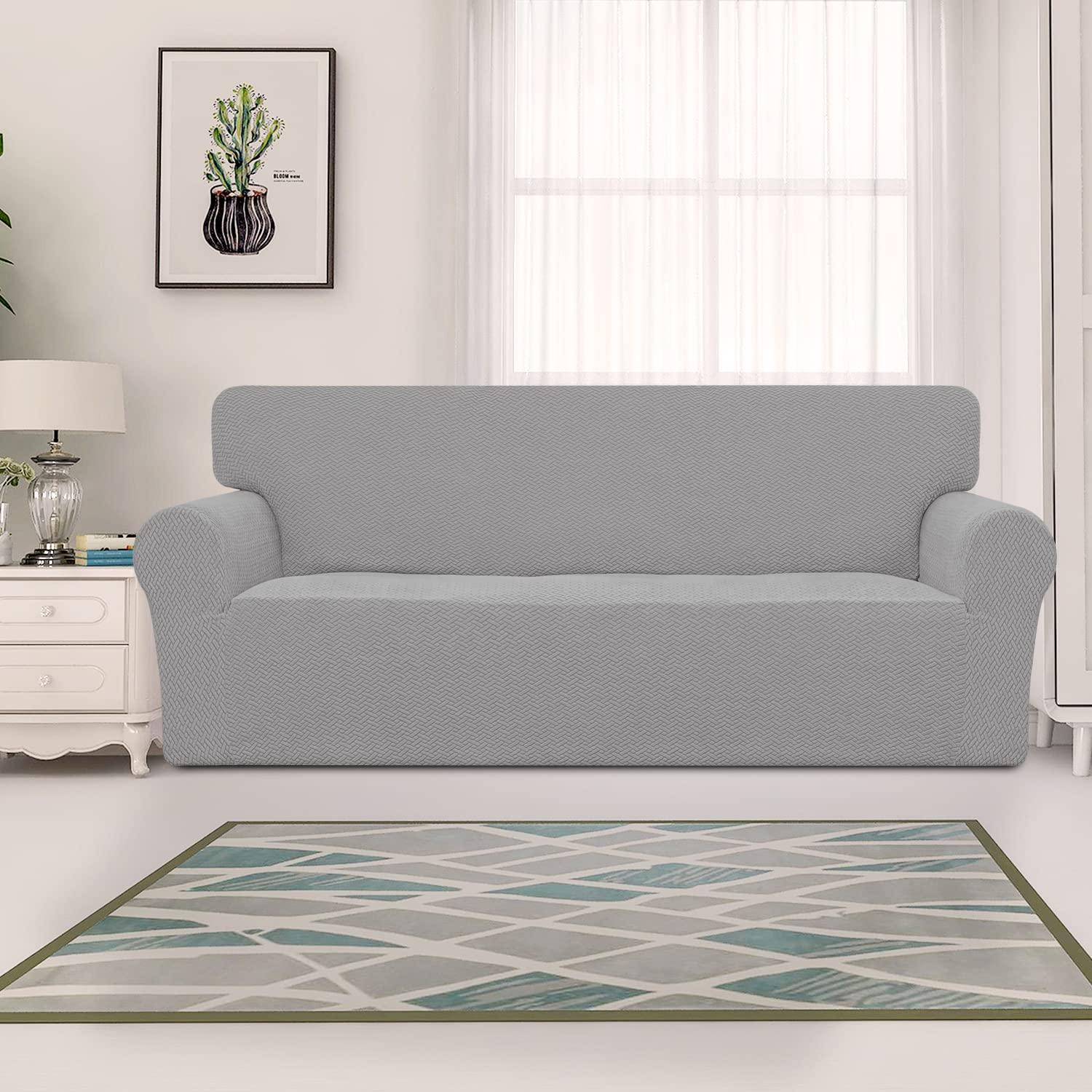 Easy-Going Stretch Jacquard Couch Cover, 1-Piece Soft Sofa Cover, Sofa Slipcover with Anti-Slip Foams, Washable Furniture Protector for Kids, Pets (Sofa, Light Gray1)