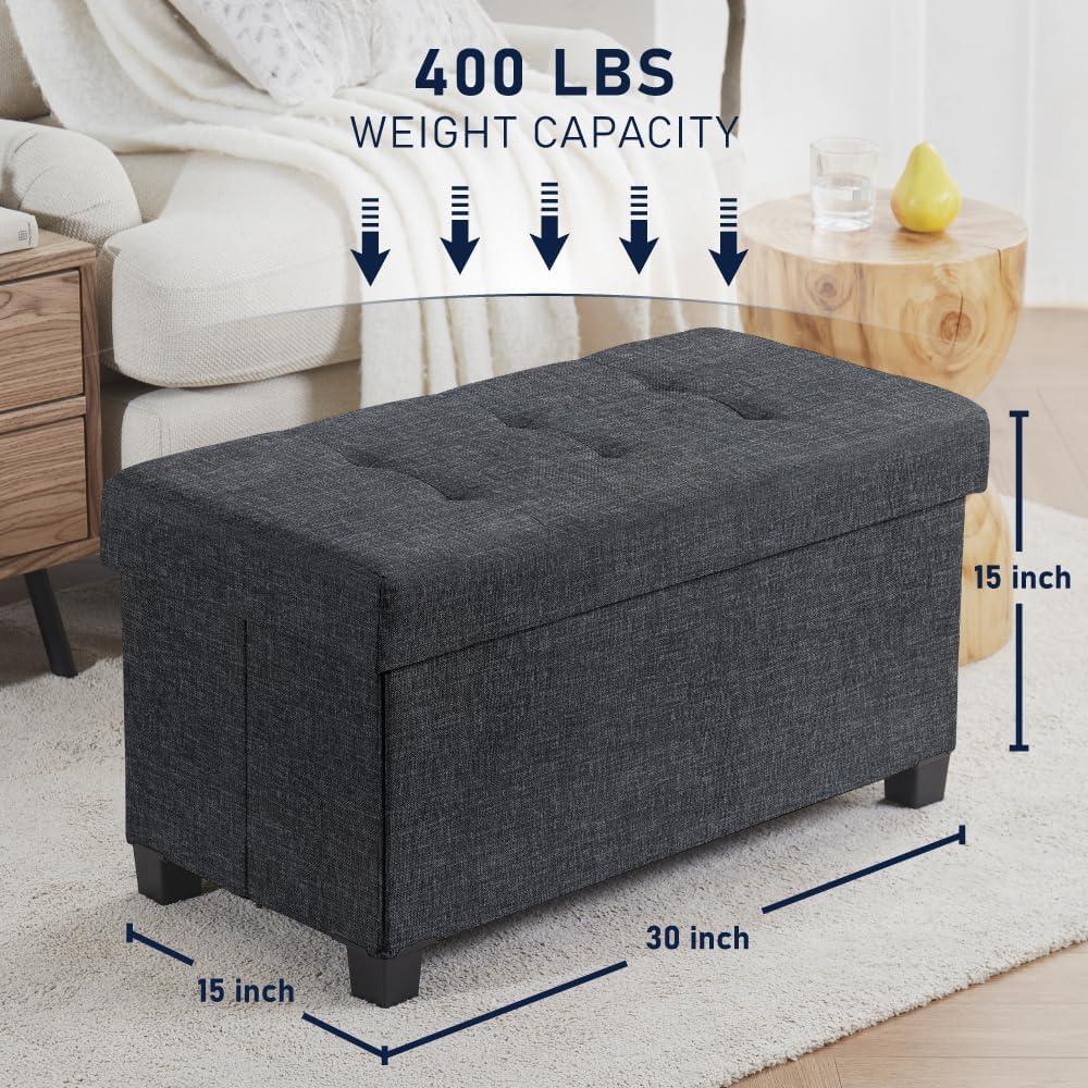 Ornavo Home Foldable Tufted 30 Inch Linen Bench Storage Ottoman with Legs - Black