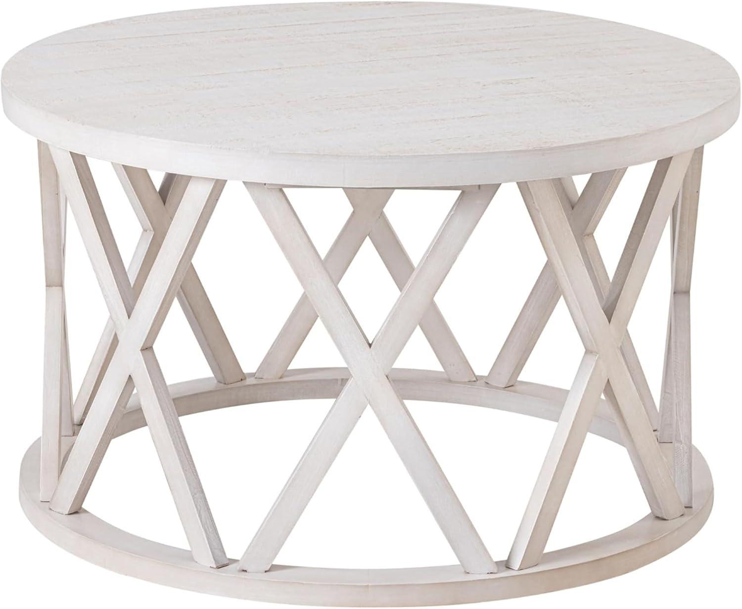Antique White Round Wood Coffee Table with X-Motifs