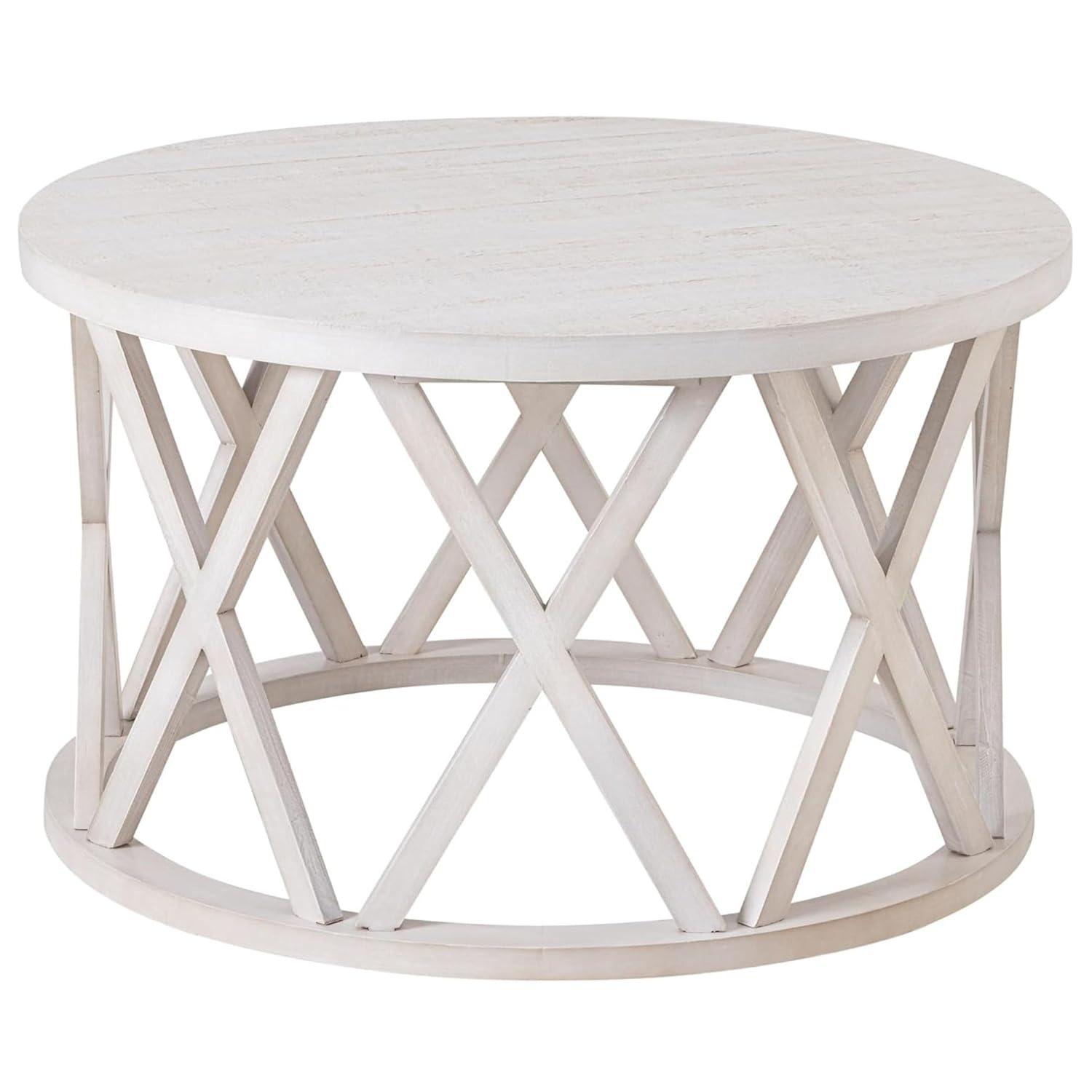 Antique White Round Wood Coffee Table with X-Motifs