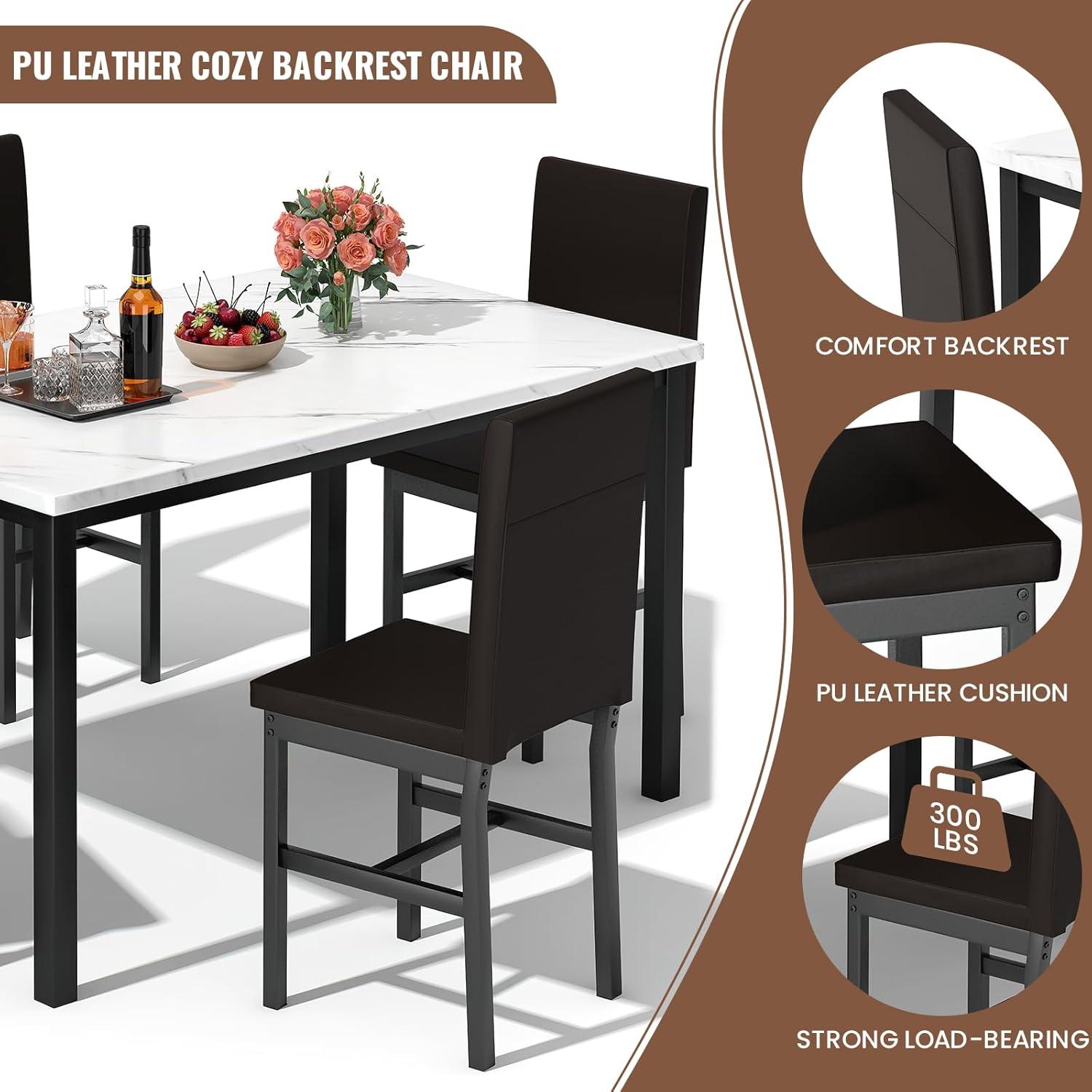 5 Piece Dining Set, Modern Dining Table and Chairs Set for 4, Kitchen Dining Table Set with Faux Marble Tabletop and 4 PU Leather Upholstered Chairs, for Small Space, Breakfast Nook, D8835