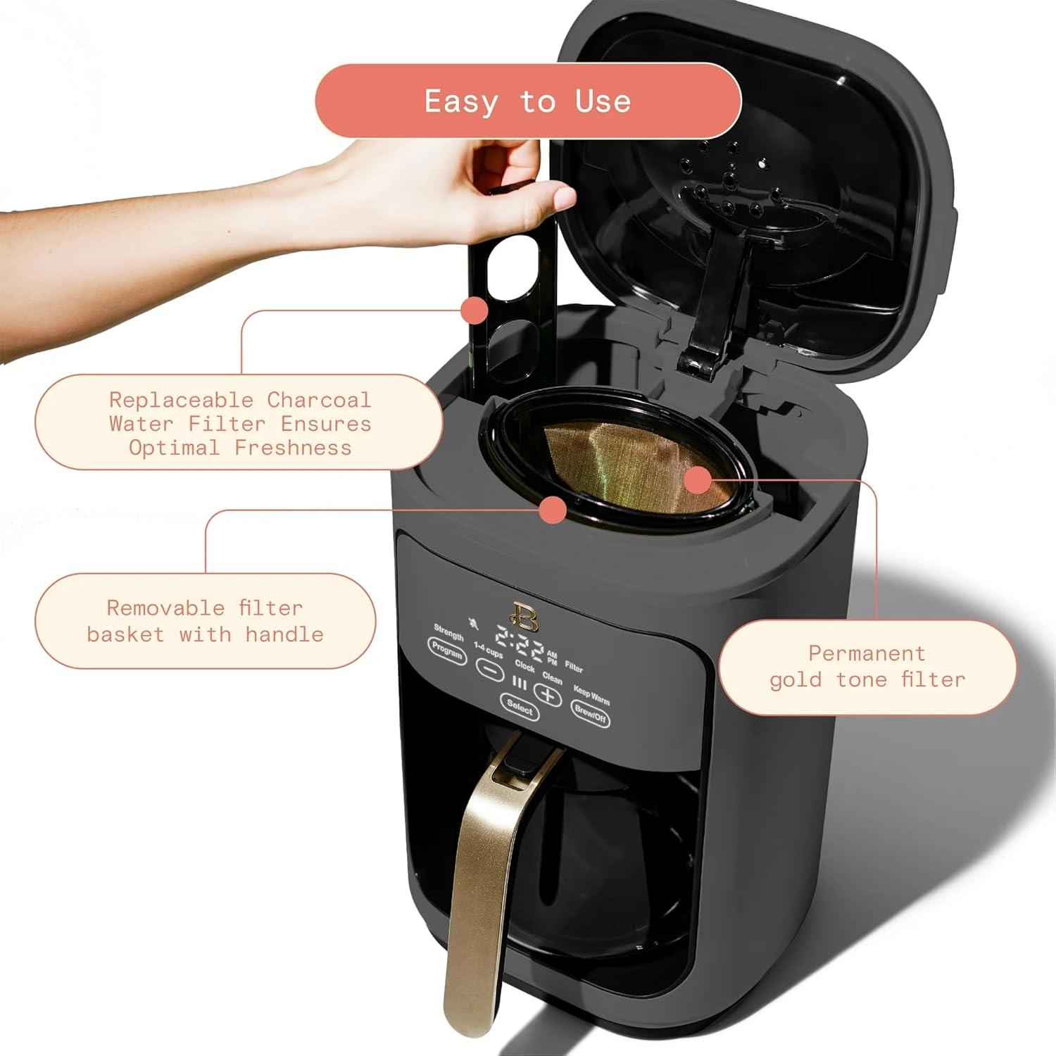 Beautiful 14-Cup Programmable Drip Coffee Maker with Touch-Activated Display, Oyster Grey by Drew Barrymore