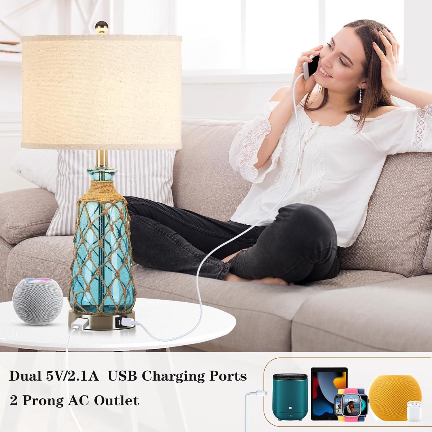 25.5" Coastal Glass Table Lamps Set Of 2, 3-Way Dimmable Touch Control Bedside Lamps With 2 USB Ports And AC Outlet, Clear Nautical Nightstand Lamp For Bedroom Living Room (LED Bulbs Included)