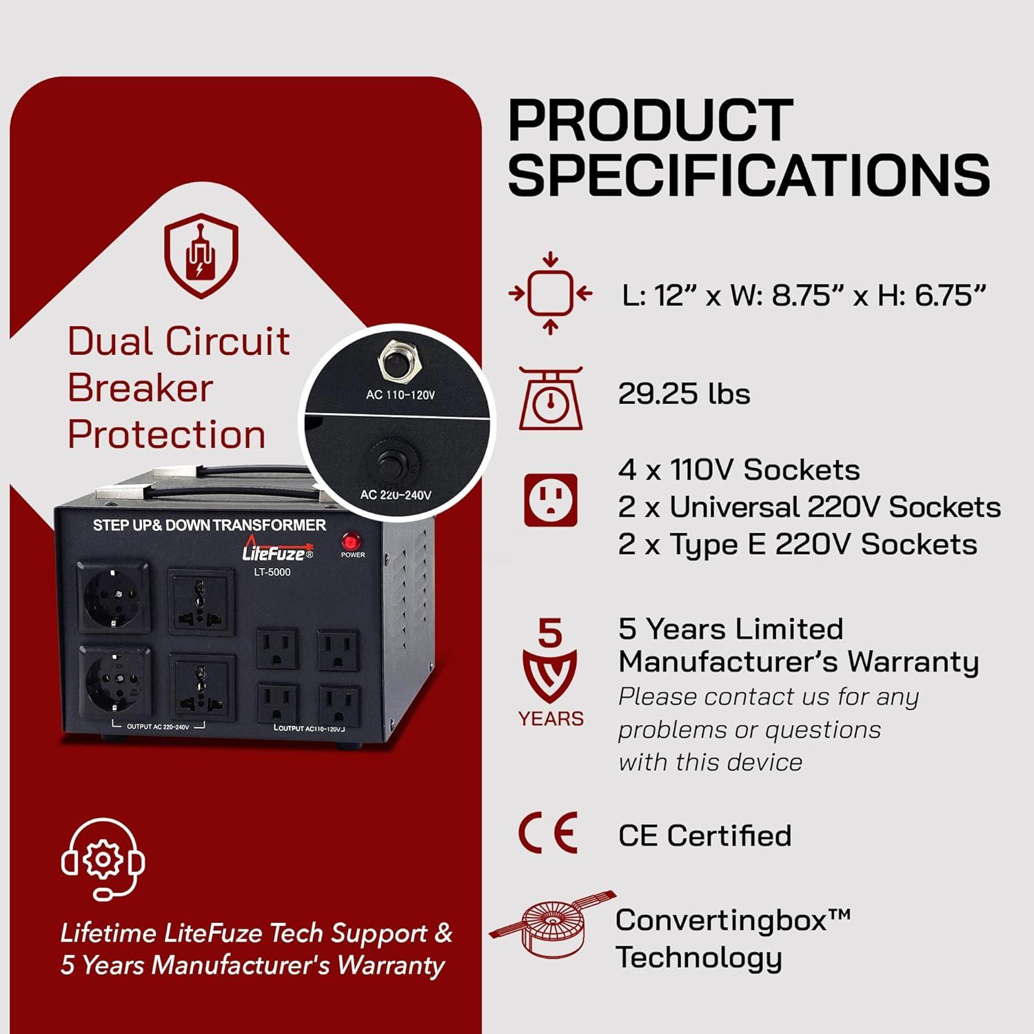 LT Series 5000 Watt Voltage Converter Transformer Step Up/Down - 110v to 220v / 220v to 110v Power Converter - Fully Grounded Cord - Universal Socket, CE Certified