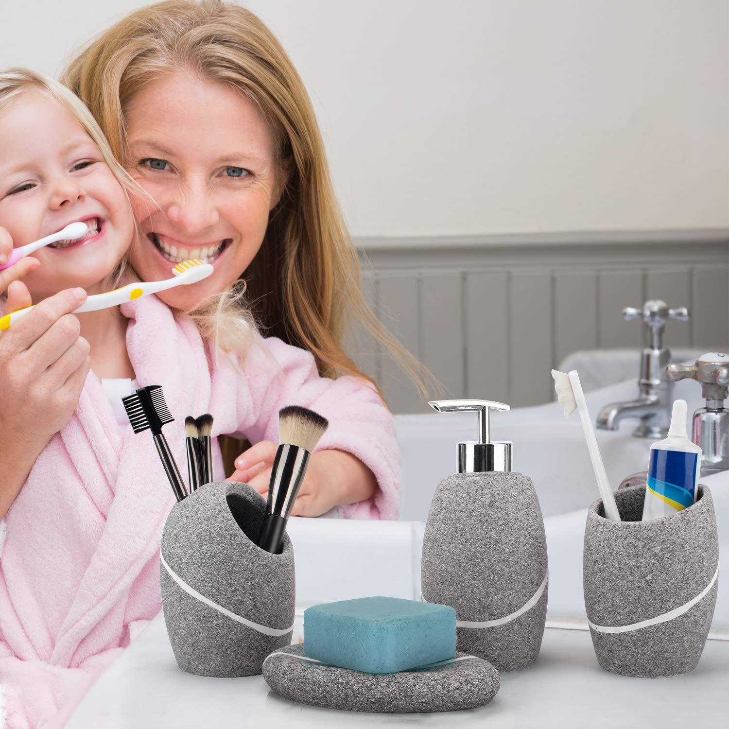 Bathroom Accessory Set,4 Pieces Bathroom Decor Accessories Complete Set Vanity Countertop Accessory Set,Includes Bathroom Soap Dispenser Set,Toothbrush Holder Set,Tumbler,Soap Dish,Grey Granite