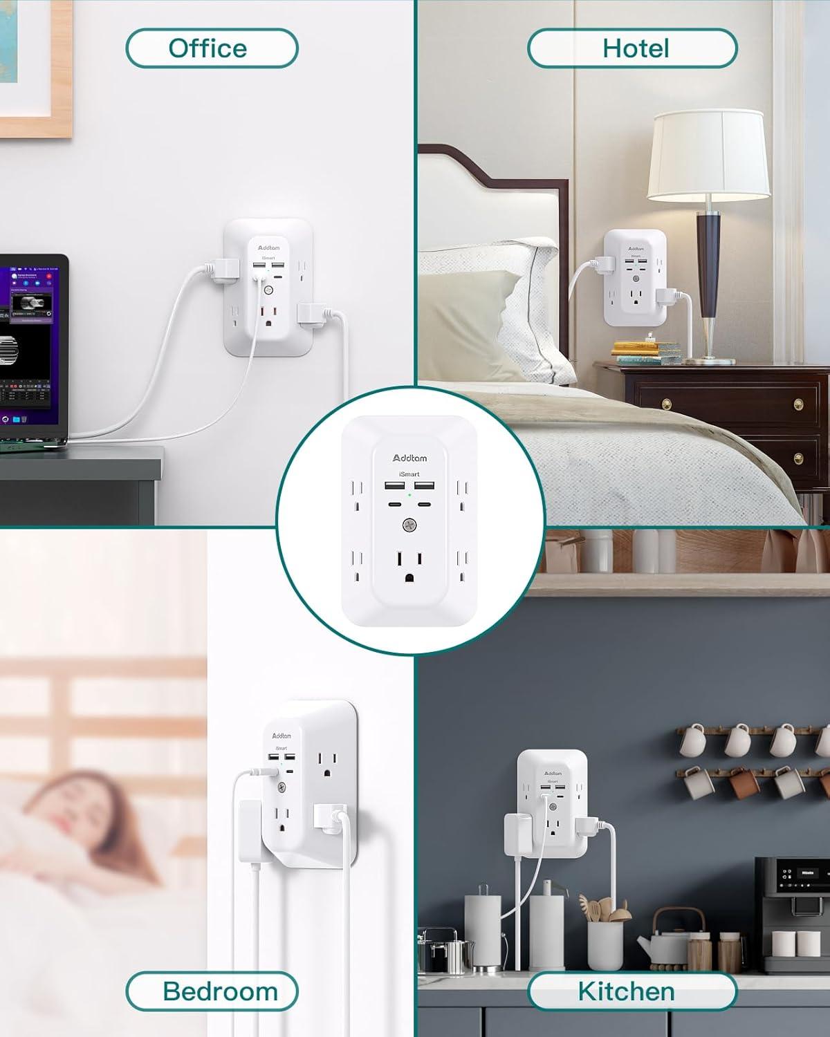 Surge Protector Outlet Extender - Addtam 5-Outlet Splitter with 4 USB Wall Charger(2 USB-C Ports), Multi Plug Outlet Power Strip for Home, Dorm Room Essentials