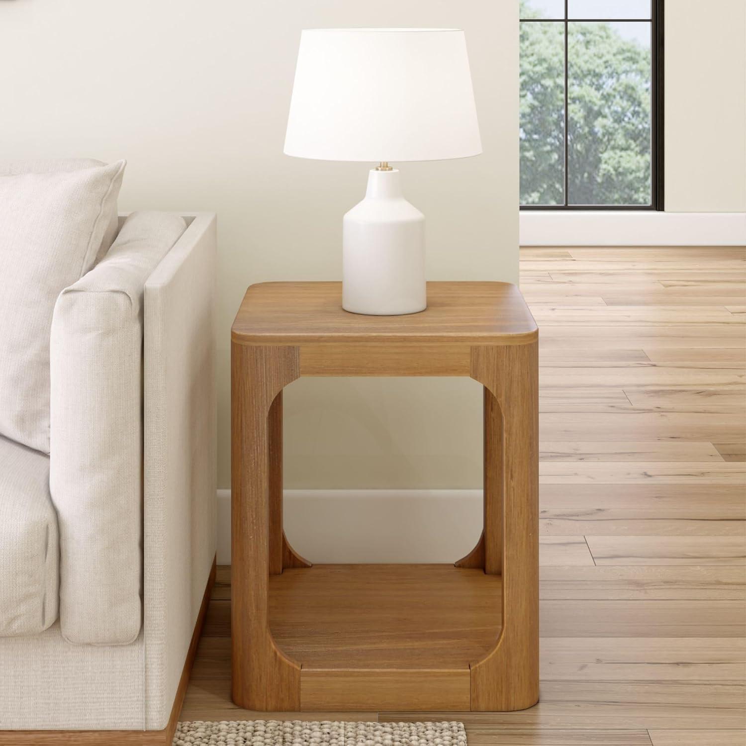 Pecan Solid Wood Square Side Table with Shelf