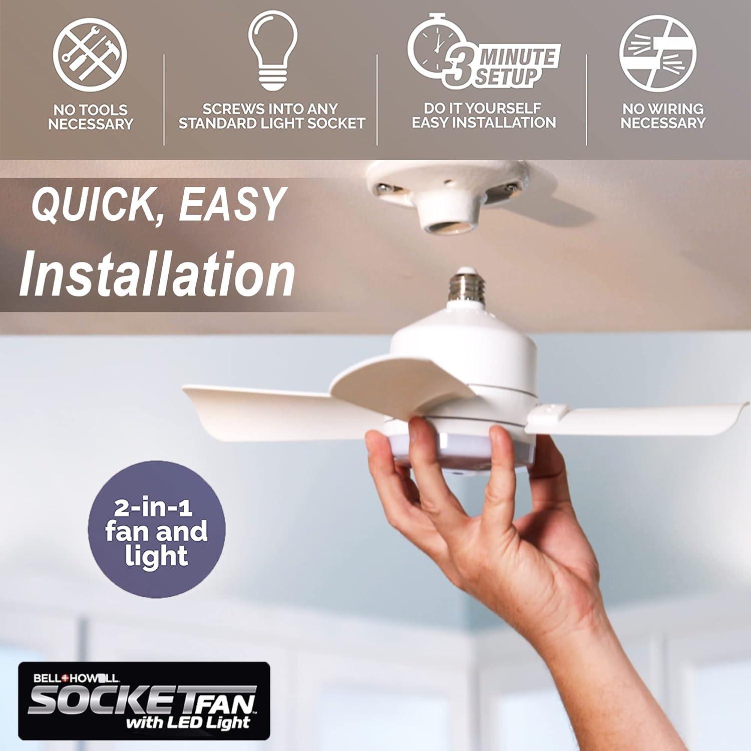 Bell+Howell Socket Breeze Light 5-Speed Deluxe LED – Ceiling Fans with Lights and Remote Control – For Bedroom, Kitchen, Living Room,1000 Lumens / 5000 Kelvins As Seen On TV