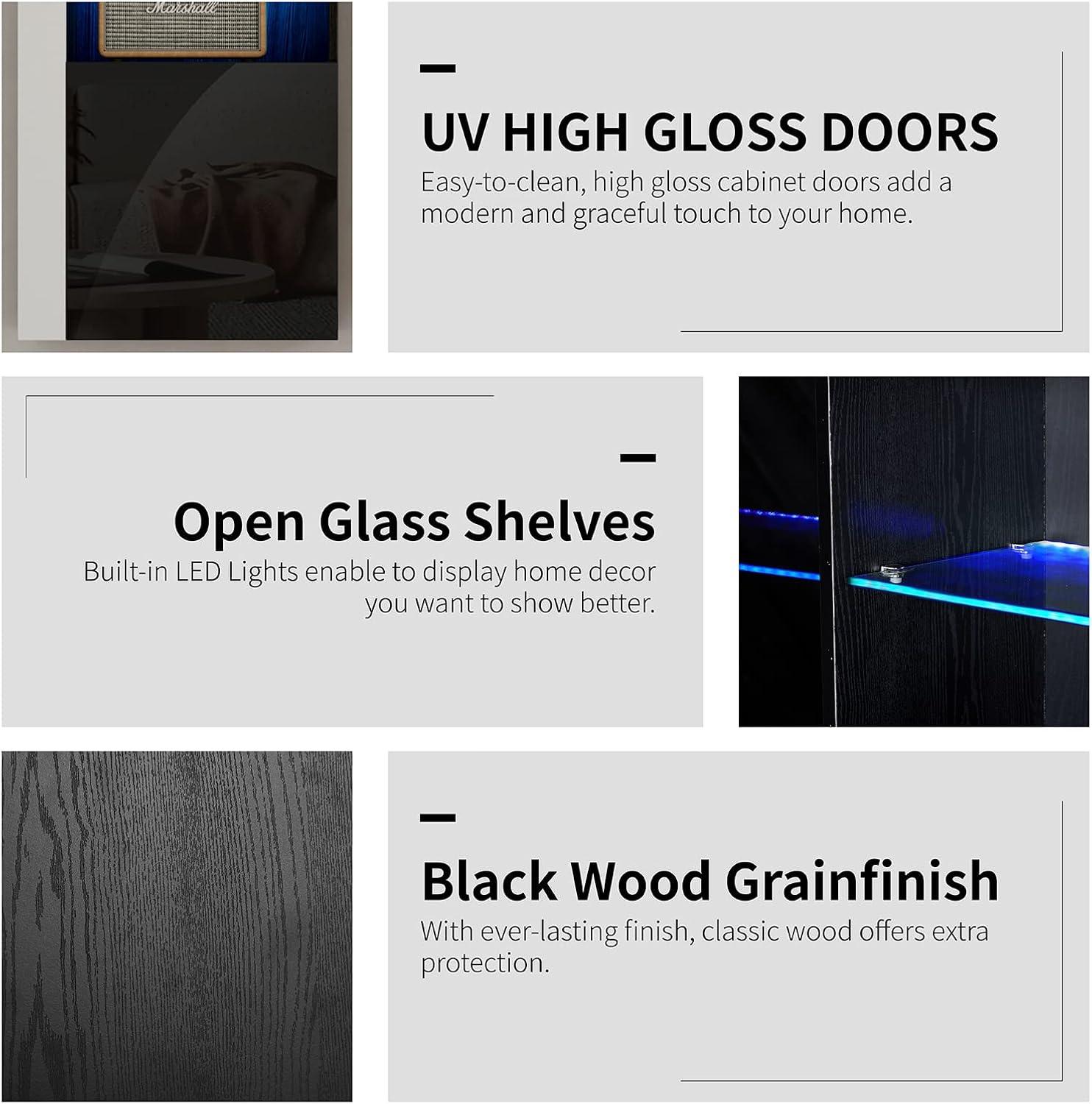 VanAcc Modern Wall Storage Cabinets with LED Lights, Hanging Cabinets with Closed Doors & Open Shelves, Black