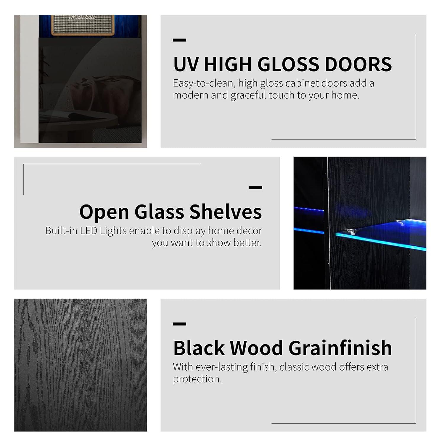 VanAcc Modern Wall Storage Cabinets with LED Lights, Hanging Cabinets with Closed Doors & Open Shelves, Black