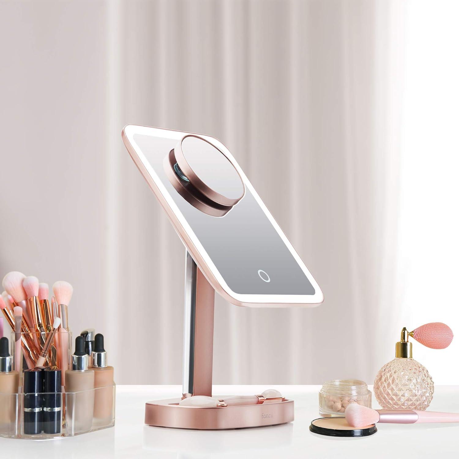 Aura Rose Gold Beveled LED Lighted Makeup Mirror with 15x Magnification