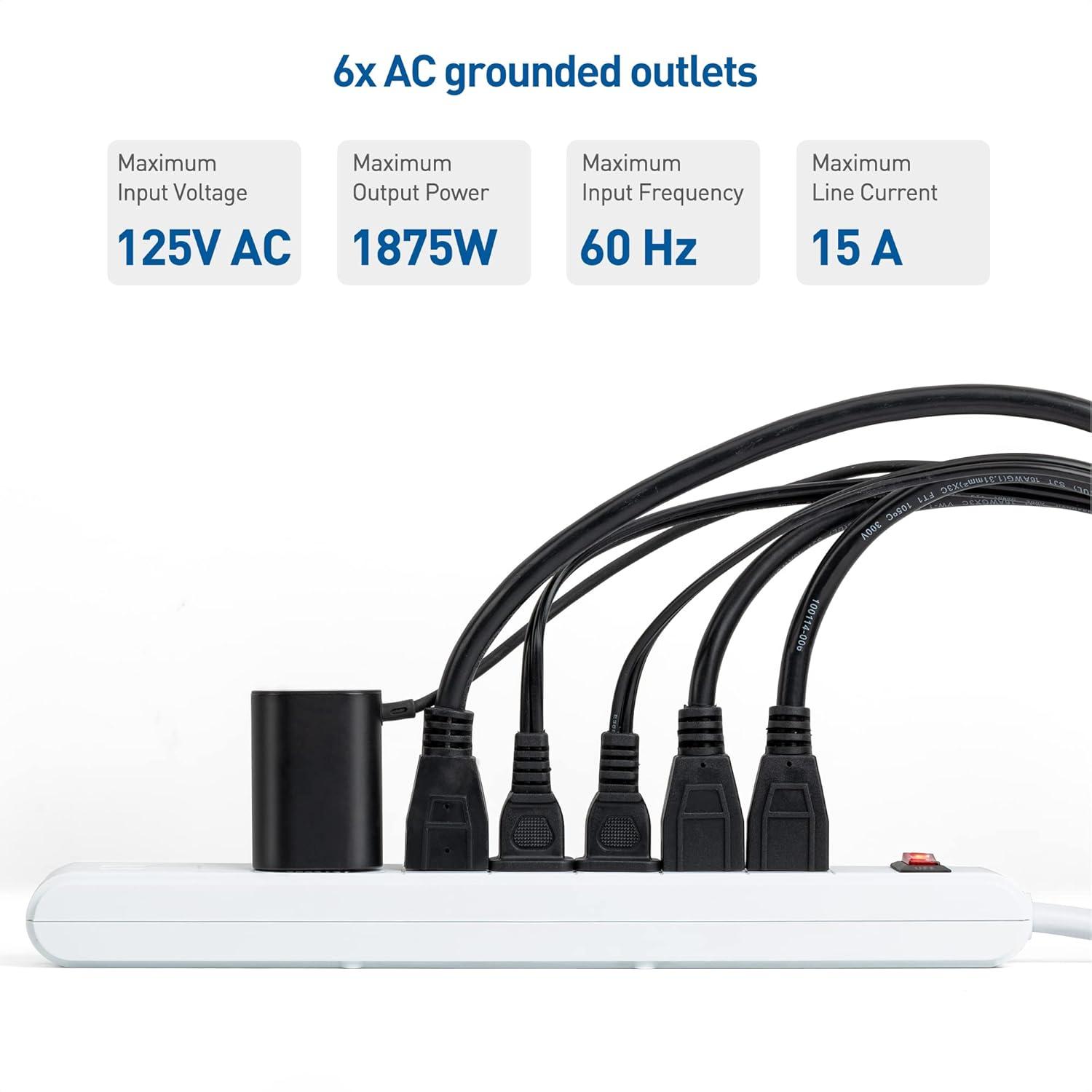 White 6-Outlet Surge Protector Power Strip with USB Ports, 8 ft Cord