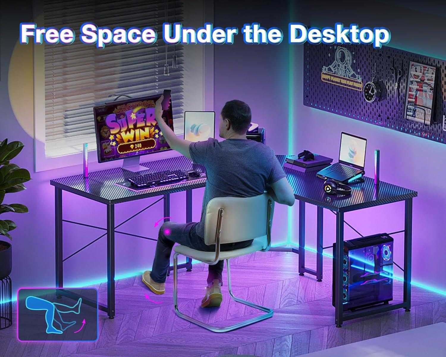 L Shaped Gaming Desk with Monitor Stand, Corner Desk Gaming Table for Home Office, Computer Desk Sturdy Writing Workstation for Small Space, 51 inch, Carbon Fiber Surface, Black