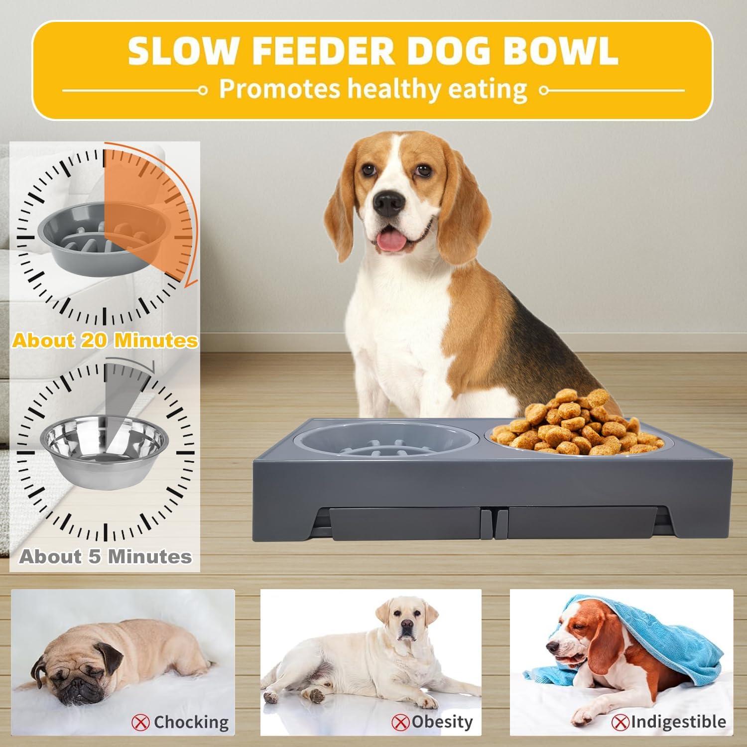 ZALALOVA Elevated Dog Bowls Stand with 2 Stainless Steel Dishes 1 Slow Feeder Dog Bowl, Raised Dog Bowl Adjusts to 5 Heights (3.15",8.9'',10",11.2'',12.4") for Medium and Large Dogs(Gray)