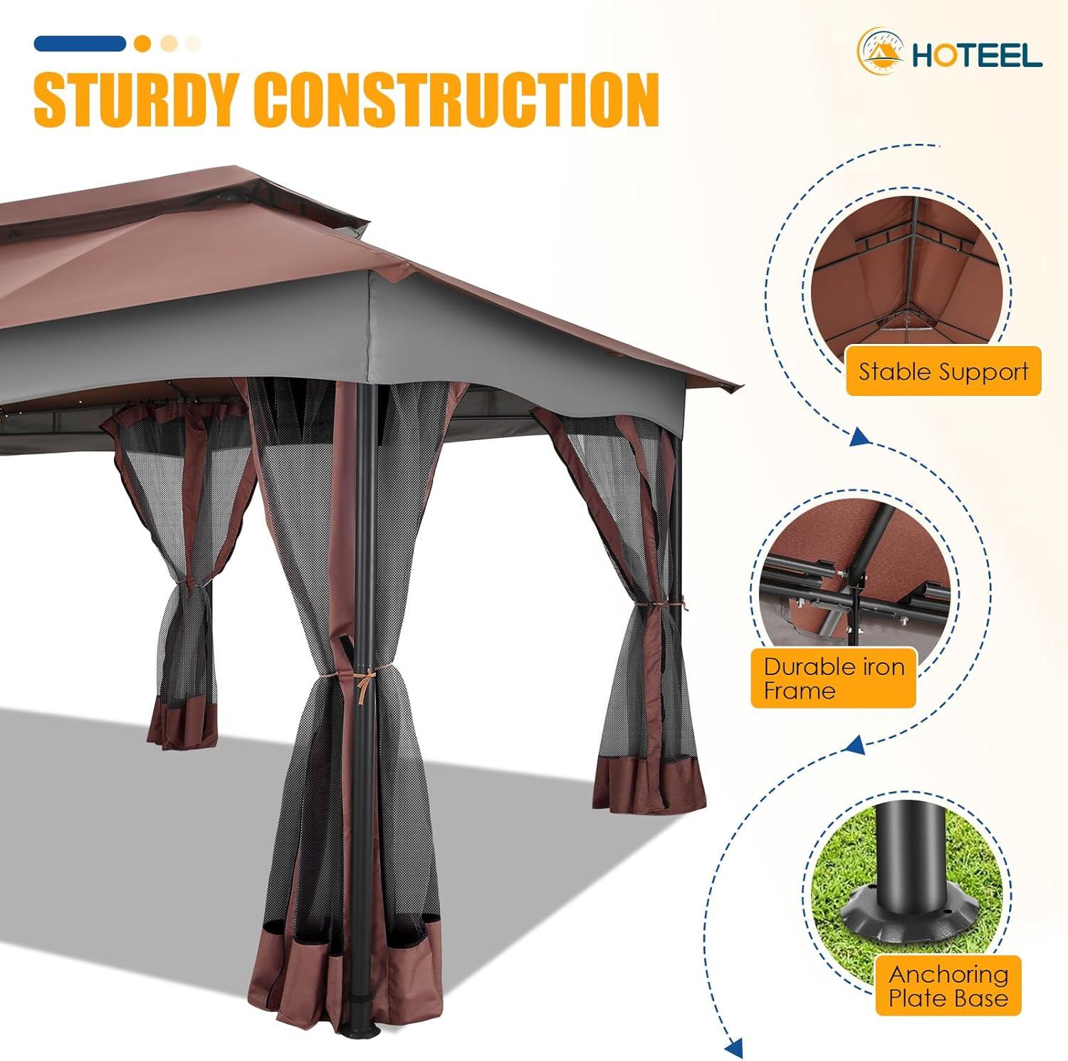 HOTEEL 10x20 Gazebo on Clearance, Outdoor Gazebo Tent with Mosquito Netting and Ventilated Double Flat Roof, Easy Set up Canopy Tent with Stable Metal Frame for Patio, Khaki (Upgraded 2.0)