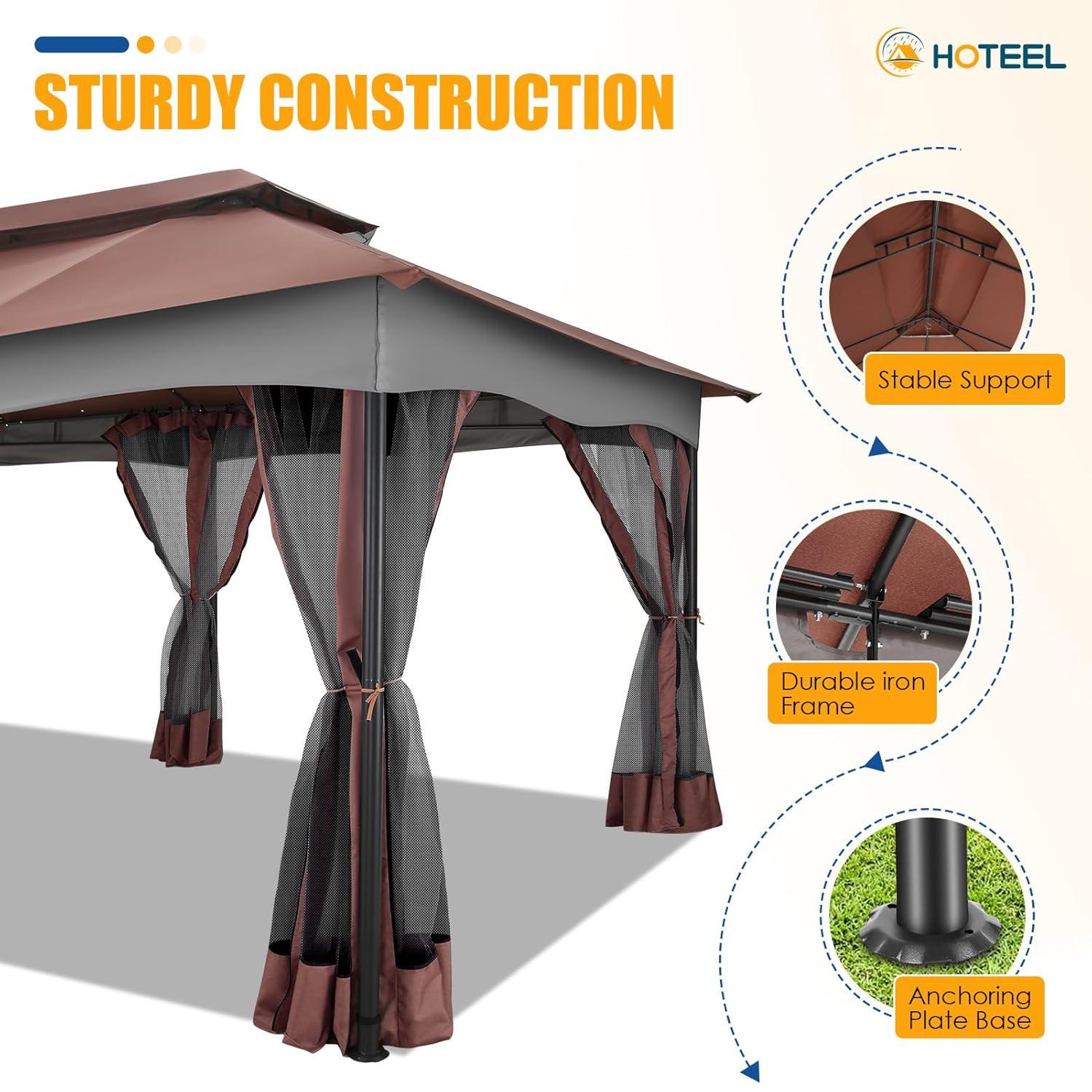 HOTEEL 10x20 Gazebo on Clearance, Outdoor Gazebo Tent with Mosquito Netting and Ventilated Double Flat Roof, Easy Set up Canopy Tent with Stable Metal Frame for Patio, Khaki (Upgraded 2.0)