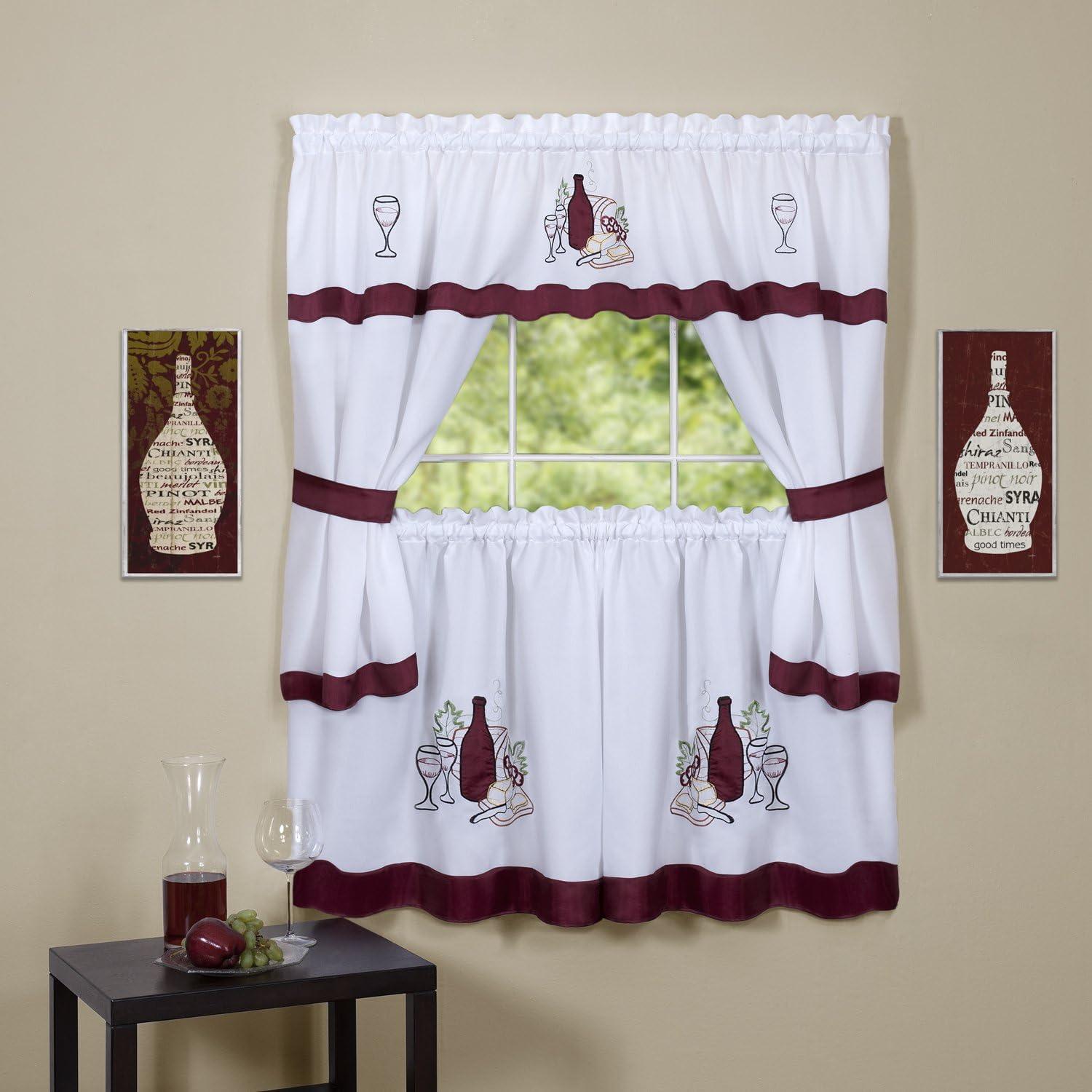 White and Burgundy Embroidered Polyester Tier Curtain Set