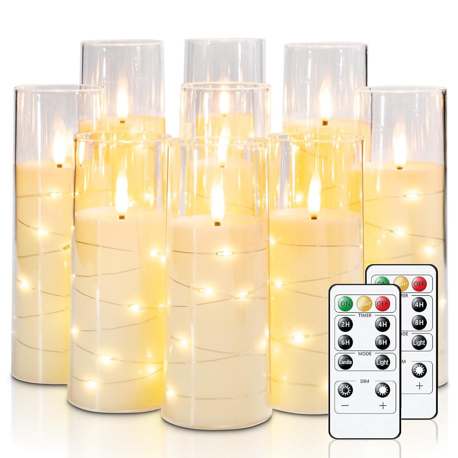 Flameless Candles with Embedded Star String, Battery Operated LED Pillar Candles with Timer and Remote Control,Home Decorating for Ambiance， Set of 9 (Ivory)