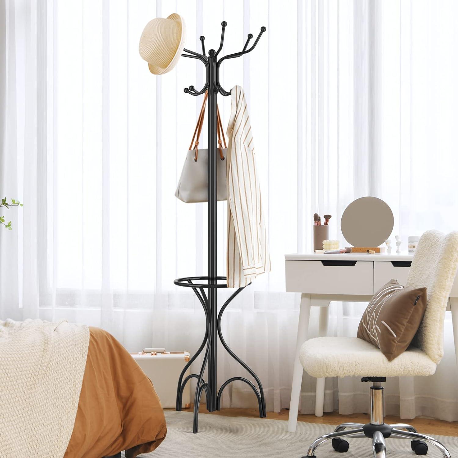 Black Metal Standing Coat Rack with Umbrella Stand