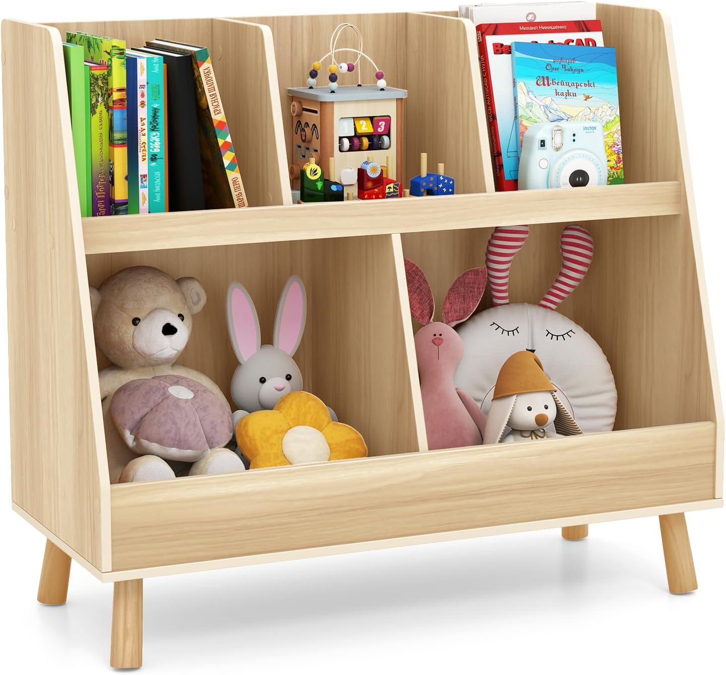 Costway 5-Cube Kids Bookshelf and Toy Organizer Wooden Storage Bookcase with Wood Legs Beige