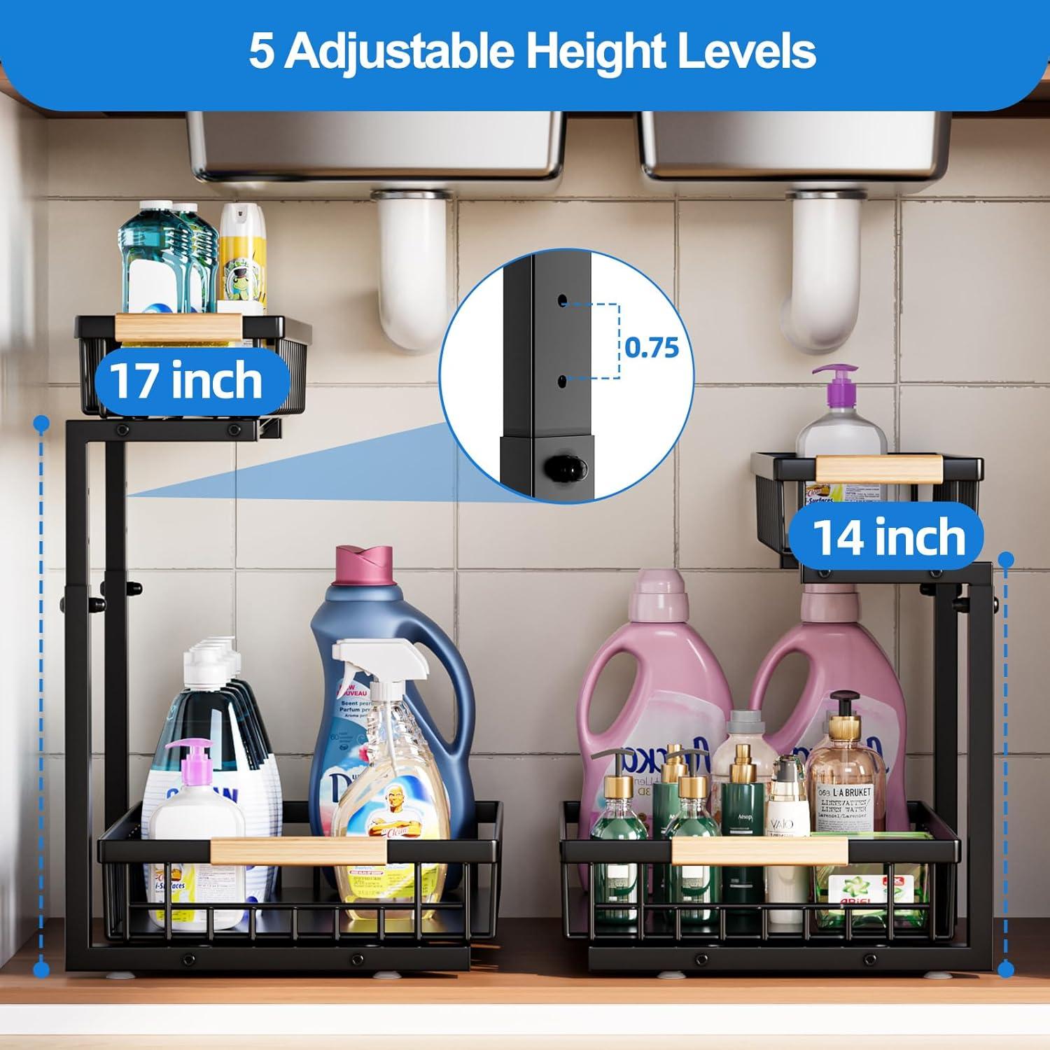 Rebrilliant Under Sink Organizer, 2 Tier Under Sink Organizers And Storage, Metal Slide Out Pull Out Cabinet Organizer ,2 Pack Sliding Drawer Organizer For Kitchen Bathroom Pantry