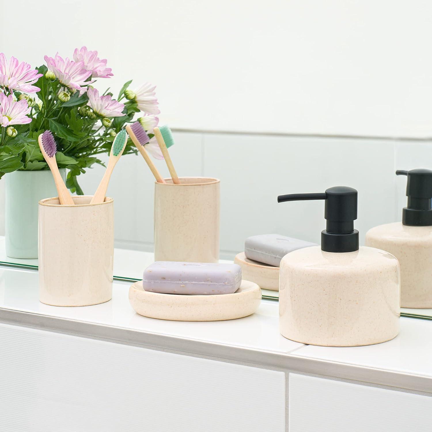 Navaris Ceramic Bathroom Accessories Set (3 Pieces) - Includes Soap Dispenser, Toothbrush Holder, Soap Dish - Modern Bath Accessory Holders - Sand