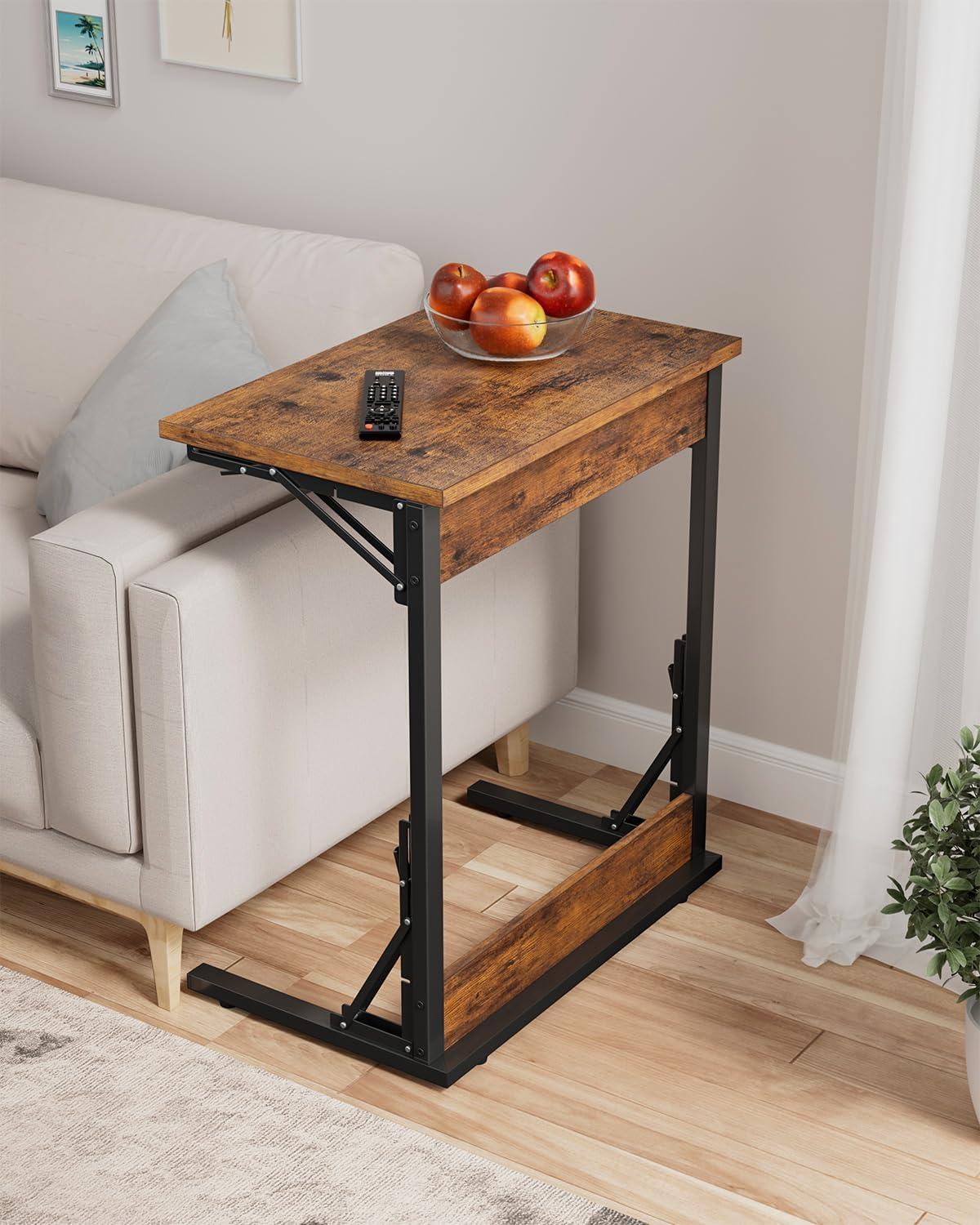 Folding TV Tray Table, 24" Wide C-Shaped End Table for Couches, Small Sofa-Side Laptop Desk with Metal Frame for Living Room, Bedroom, Rustic Brown