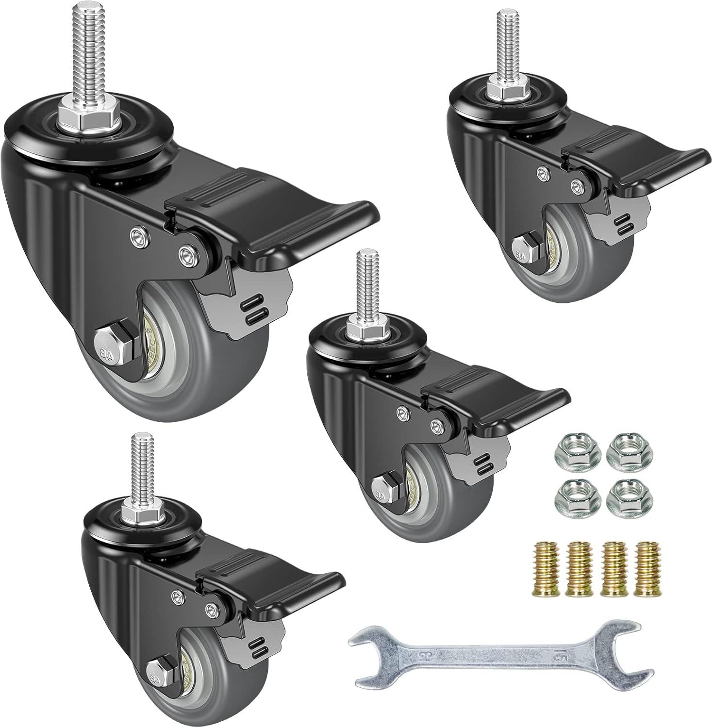 2-Inch Black Steel and PU Swivel Caster Wheels Set with Double Lock Mechanism