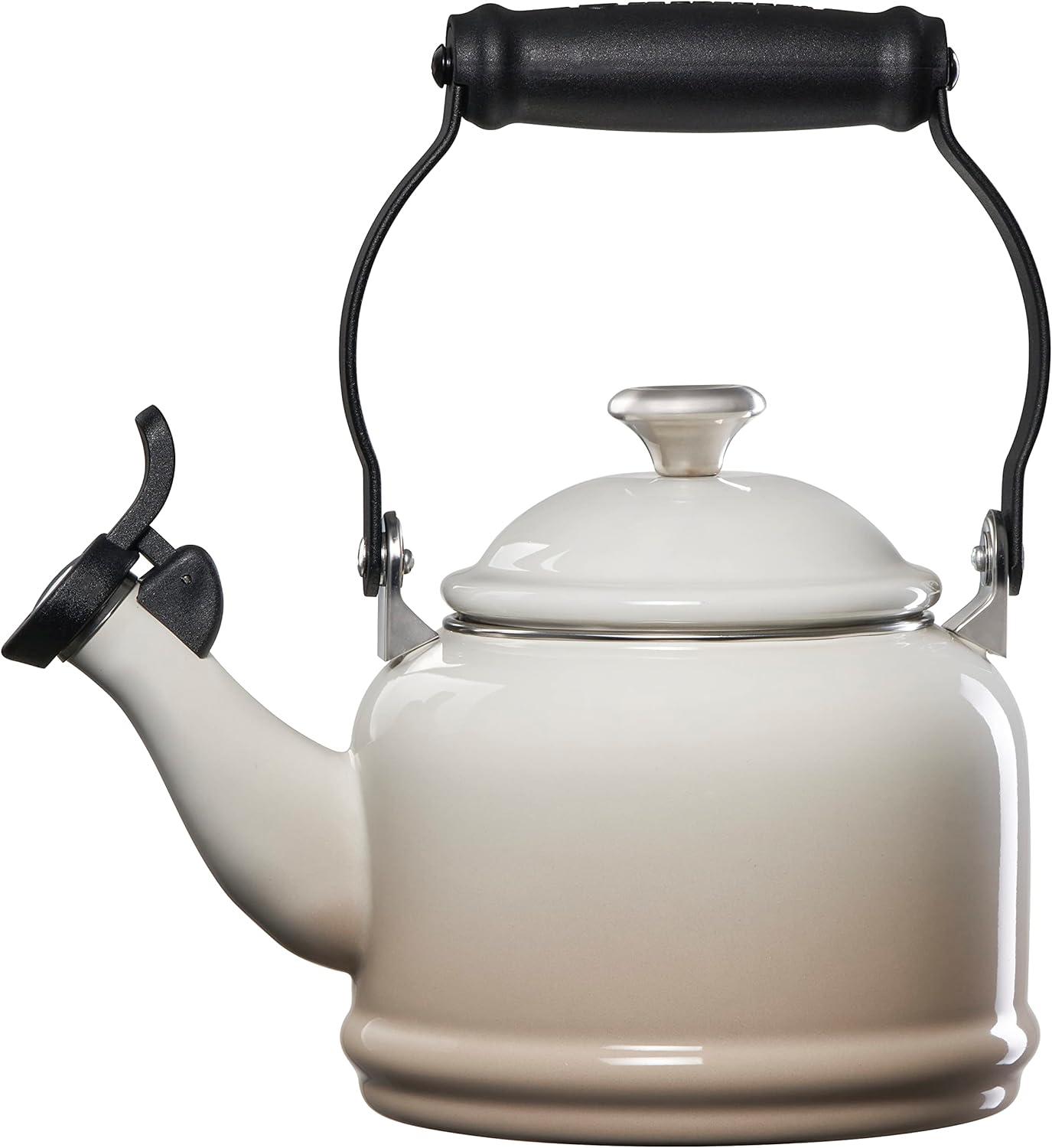 Meringue Enamel 1.25 qt Whistling Tea Kettle with Metal Finishes