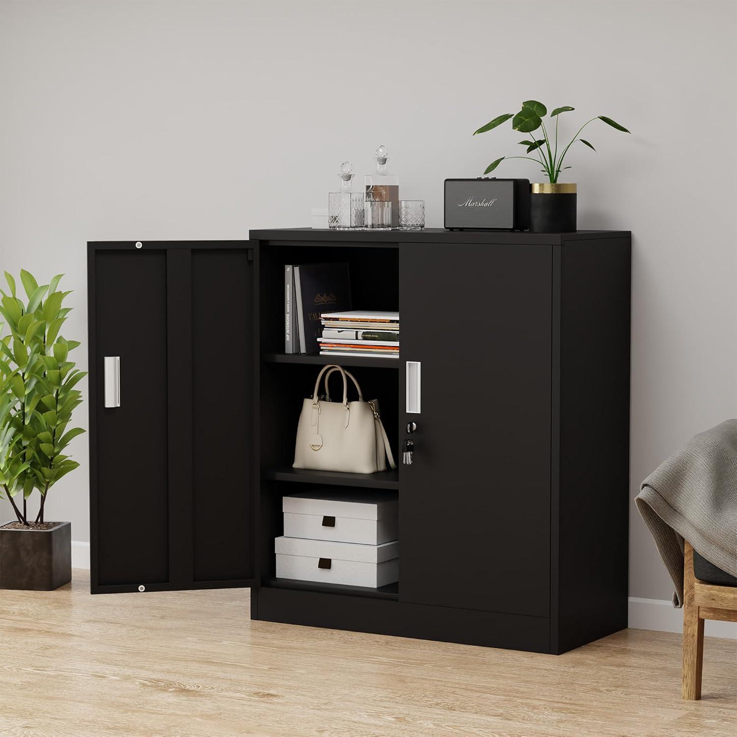 Black Steel Lockable Office Cabinet with Adjustable Shelving, 36.2" H